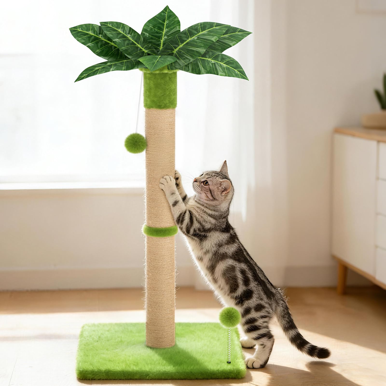 XiaZ Cat Scratching Post 34 Tall, Durable Cat Scratch Tree Tower for Indoor Kitty with Extra Wide 15.8 Stable Base & 2 Toy Bal