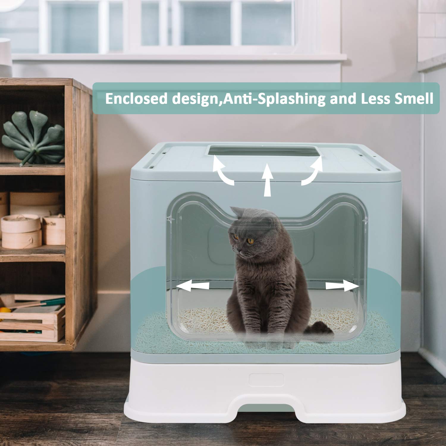 Foldable Cat Litter Box With Lid, Enclosed Cat Potty, Top Entry Anti-Splashing Cat Toilet, Easy To Clean Including Cat Litter Scoop And 2-1 Cleaning Brush (Blue), Large