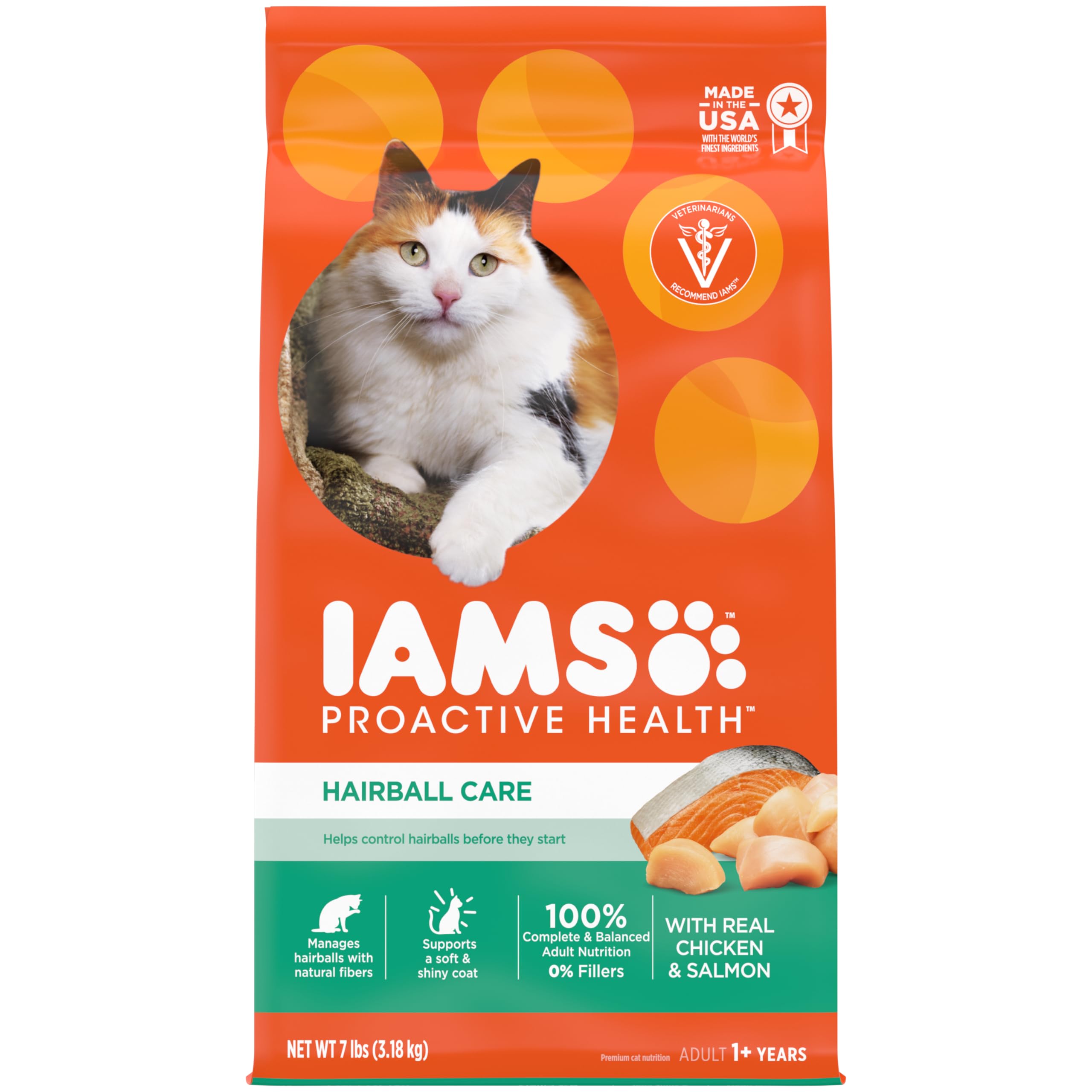 IAMS Proactive Health Adult Hairball Care Dry Cat Food with Chicken and Salmon, 7 lb. Bag (Pack of 1)