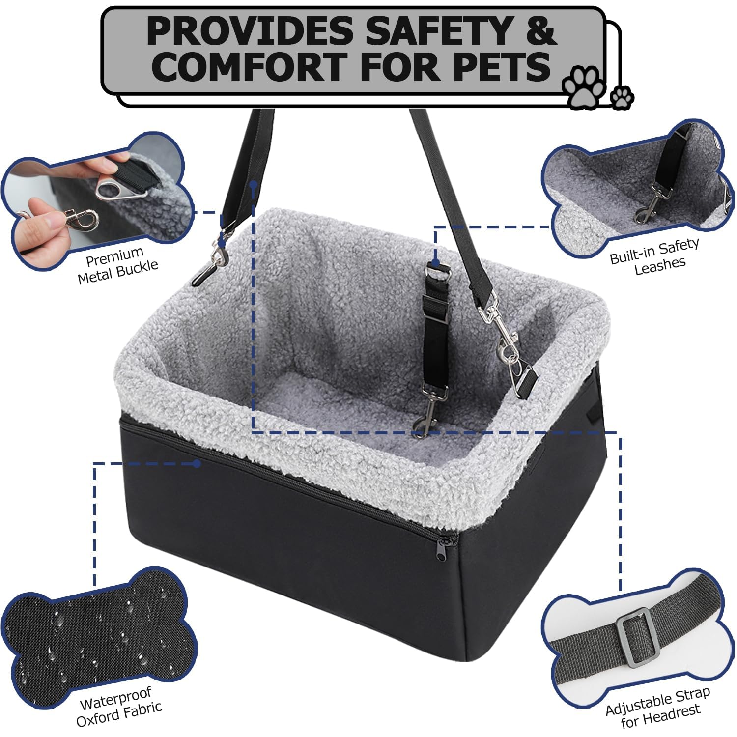 Novolab Dog Car Seat For Small Pets Under 20Lbs, Booster Seat With Metal Frame, Double-Layer Oxford Fabric, Safety Leash For Dogs And Cats