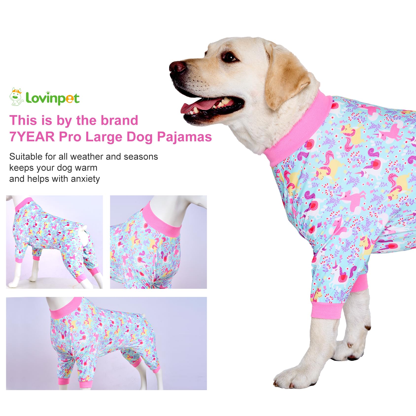 Lovinpet Pitbull Dog Pajamas,Large Dog Clothes Dog Pajamas, Wound Care/Post Surgery Dog Clothes, Lightweight Stretchy Dog Pajamas, Large Dog Shirt, Seafoam Unicorn Print, Large Breed Dog Pet Pj'S /3Xl