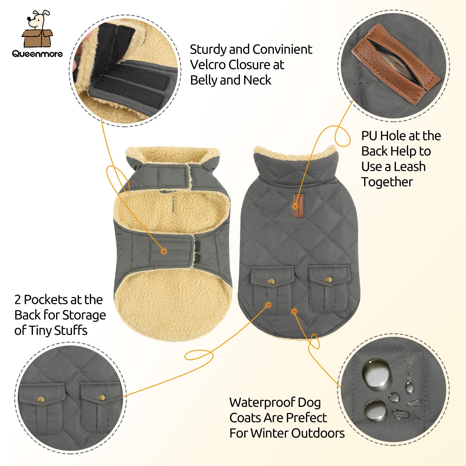 Queenmore Dog Winter Coat - Fleece Jacket, Waterproof Cold Weather Dog Clothes, Thick Warm Cotton Padding, Easy On Storage Pocke