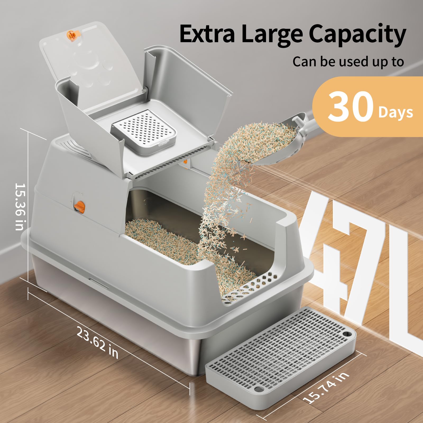 Eosarcu Stainless Steel Cat Litter Box with Lid, 180 Flip-Top XL Extra Large Enclosed Litter Box, Covered Metal High Sided Litte