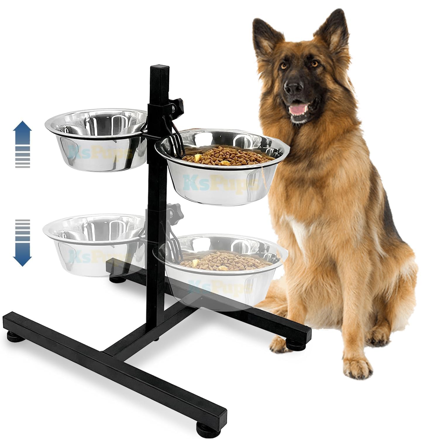 Kspups Pets Bowl Adjustable Elevated Pet Feeder Dog And Cat Bowl, Water Bowls, HBase Double Bowl Stand Two Stainless Steel Remo