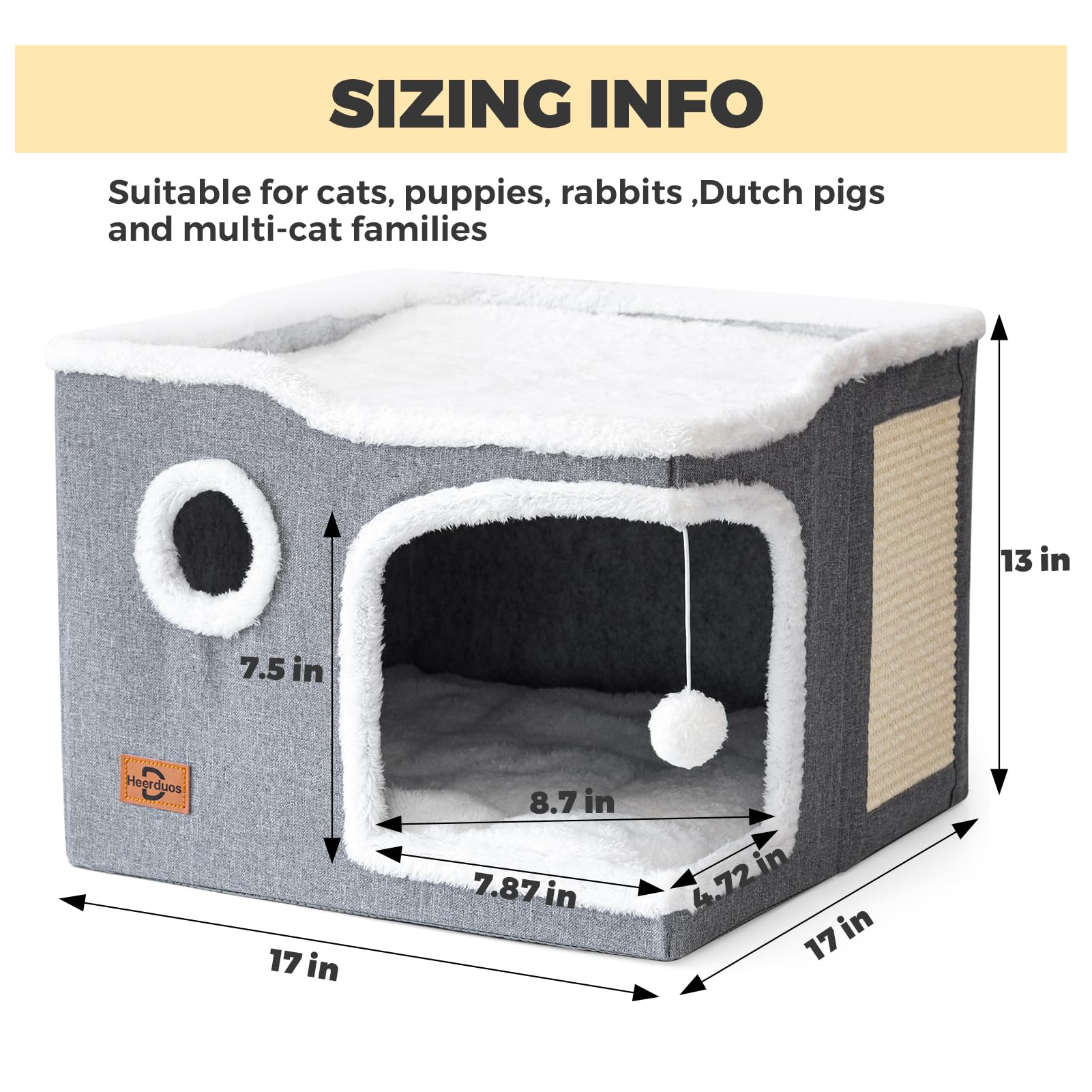 Heerduos Cat Bed For Indoor Cats,Covered Cat Cave House & Furniture With Scratch Pad,Foldable Cat Hideaway Hut Cute Cat Condo Wi