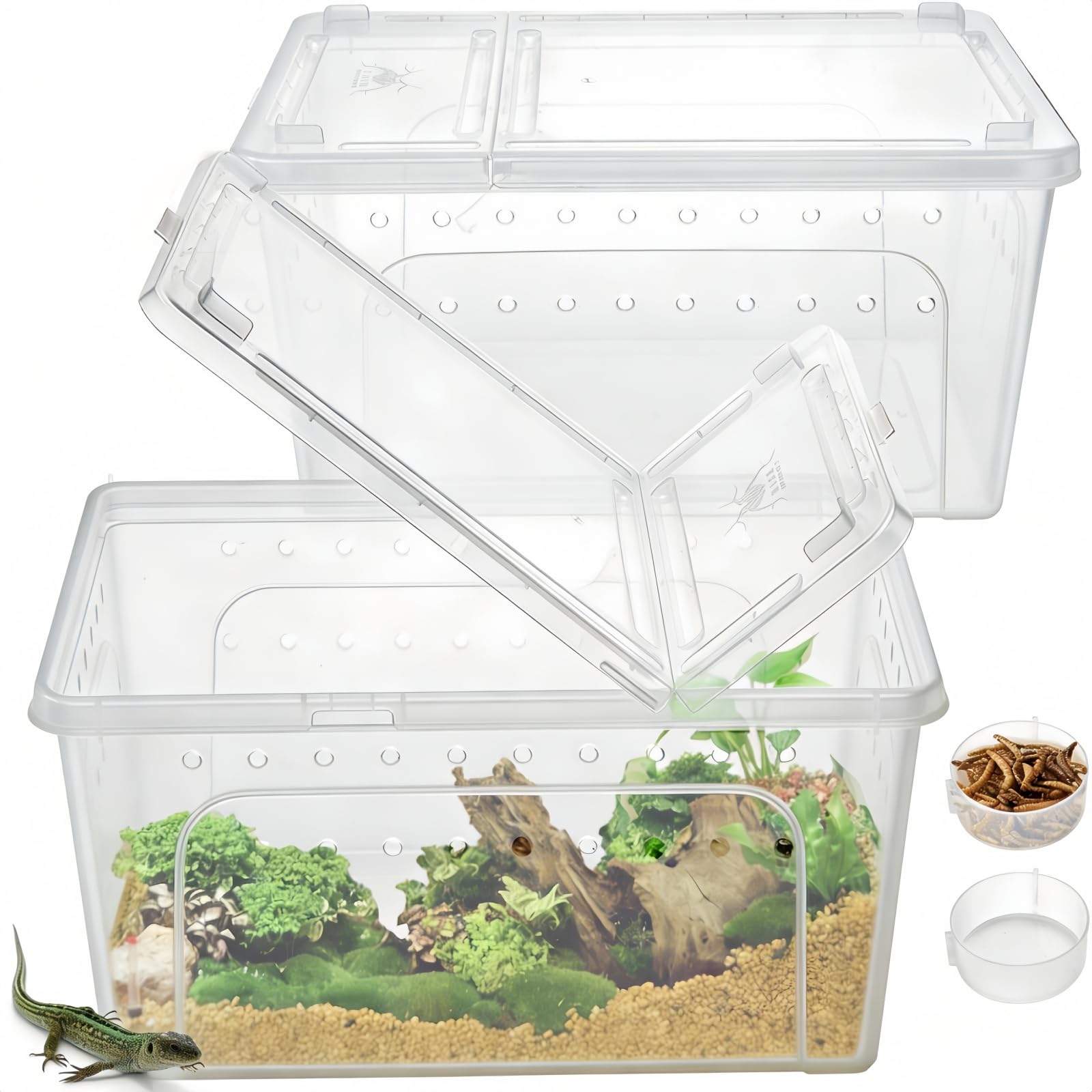 Tlence 2 Pack Reptile Feeding Box, 12.6x8.7x6 Transparent Snake Enclosure Terrarium, Plastic Spider Habitat Cage with Feeding Bo