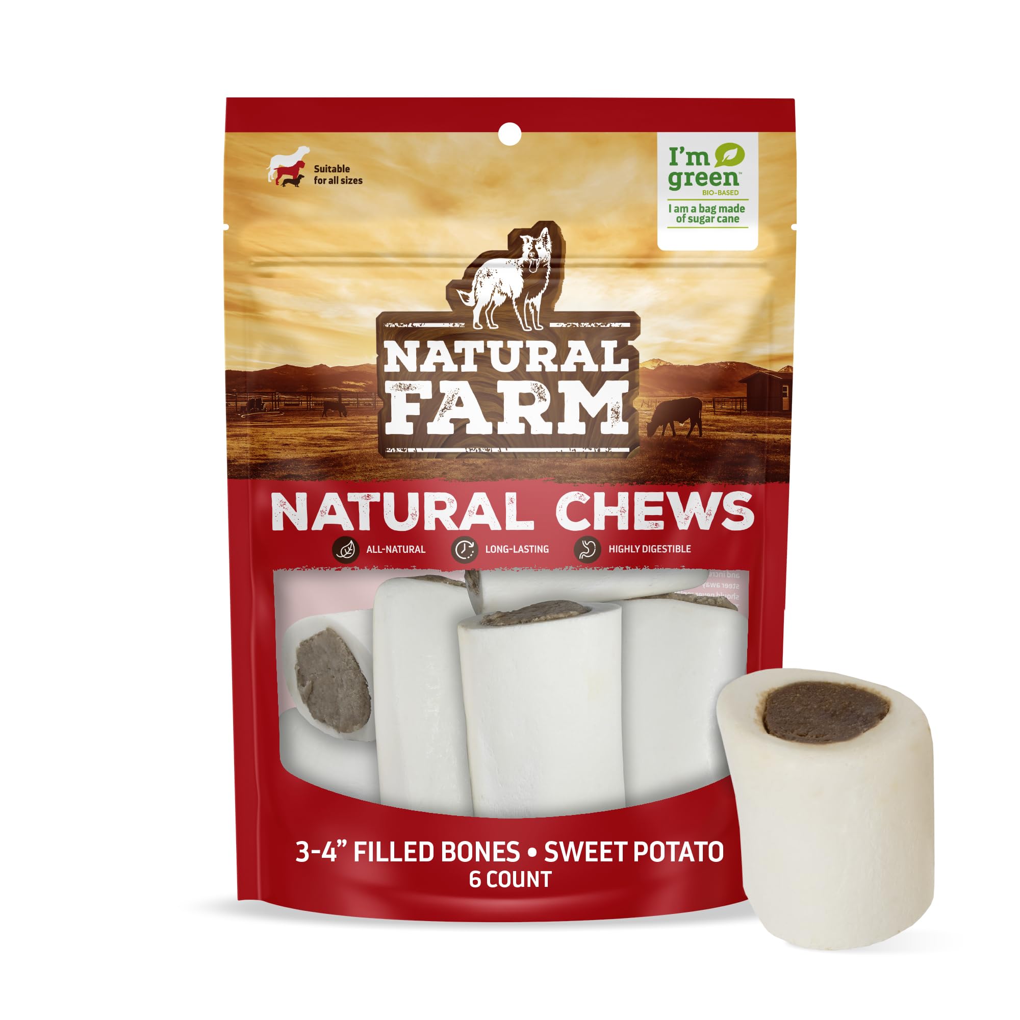 Natural Farm Sweet Potato Filled Bones (3-4 Inch, 6 Pack), Limited Ingredient, Natural Stuffed Dental Dog Bone Treats for Dogs, 