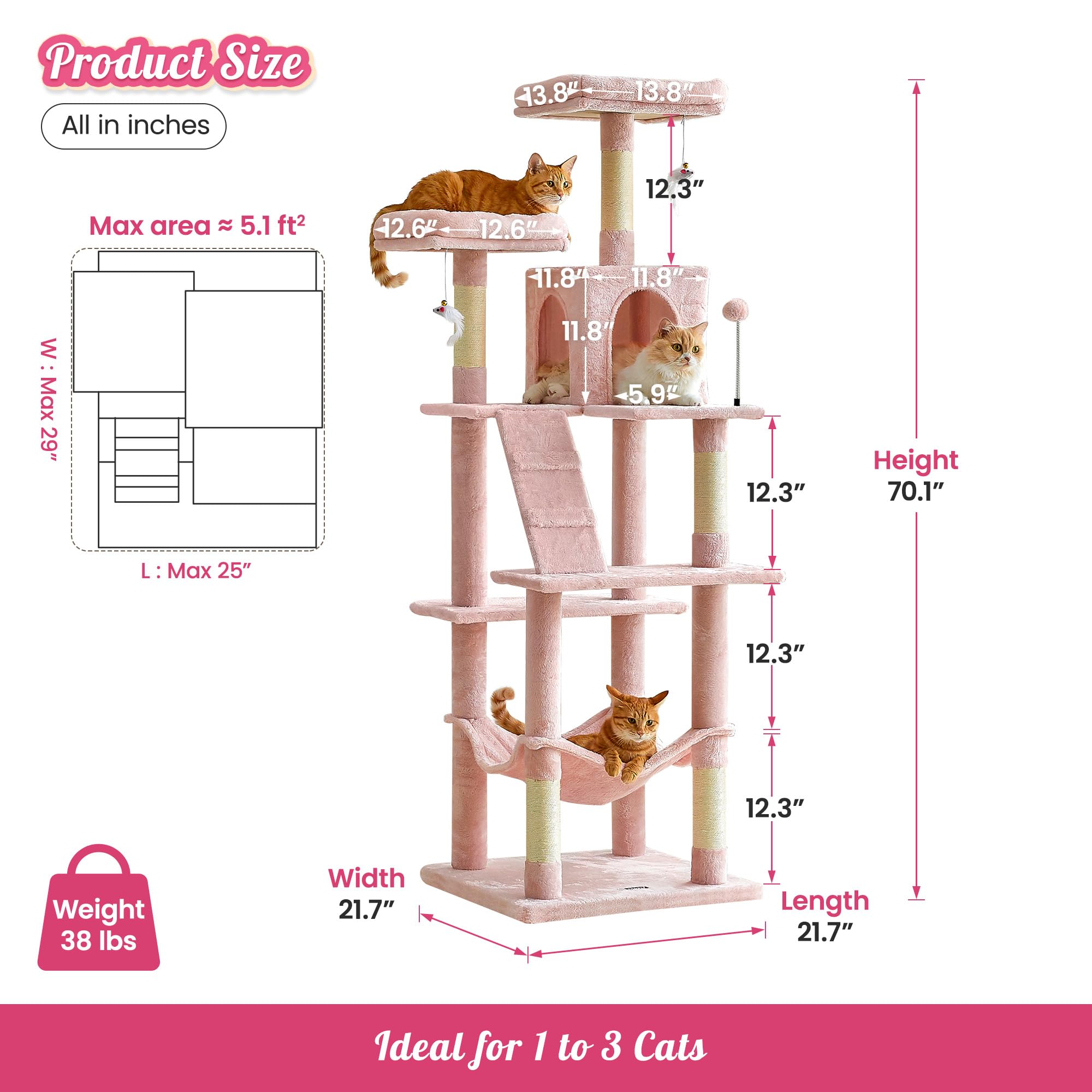 Mwpo 70.1-Inch Pink Large Cat Tree, Multi-Level Tall Cat Tower For Indoor Cats, Plush Cat Condo With Big Padded Perches, Sisal-Covered Scratching Posts, Hammock, Toys For Kittens & Cats