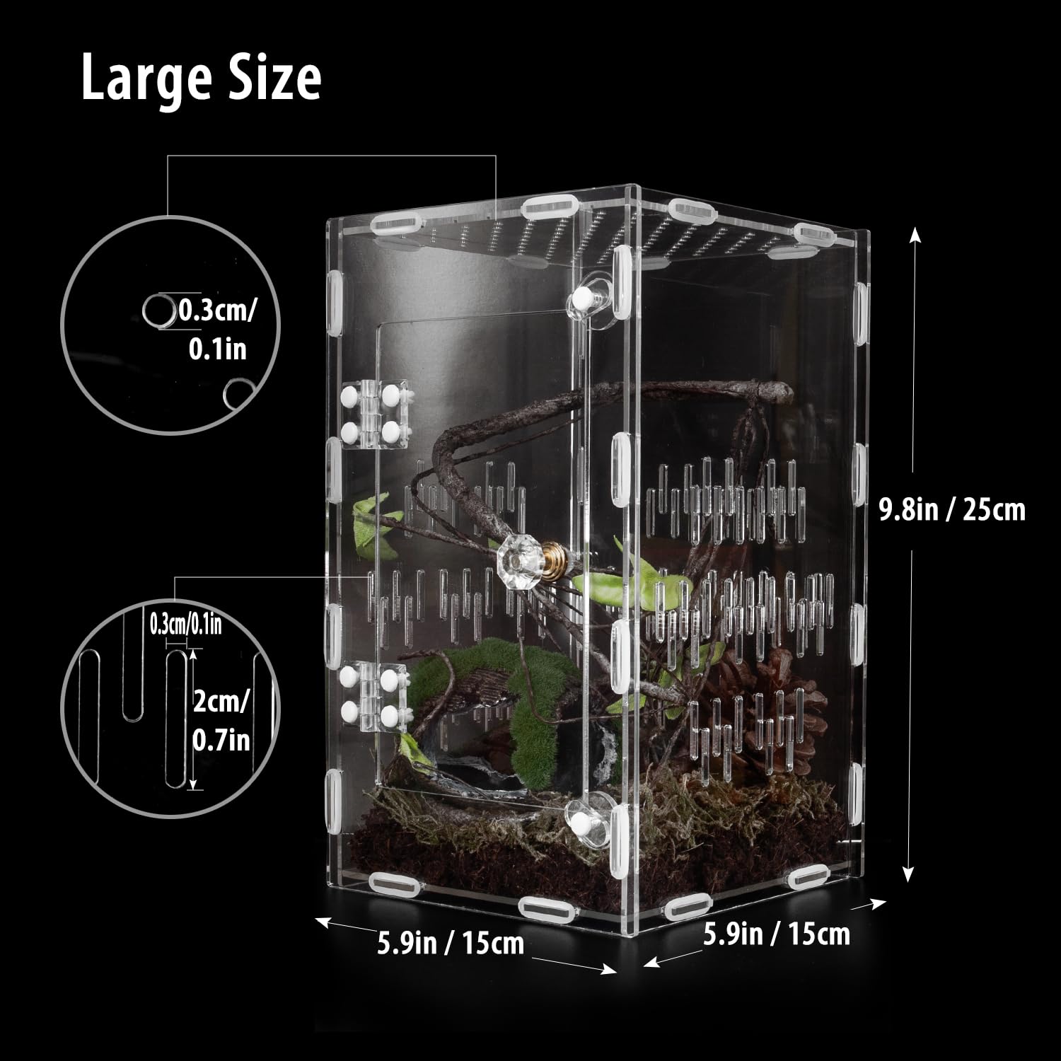 TCooSo Large Acrylic Jumping Spider Enclosure 10x6x6 Ventilated Insect Terrarium for Tarantulas, Snails, Lizards, Clear