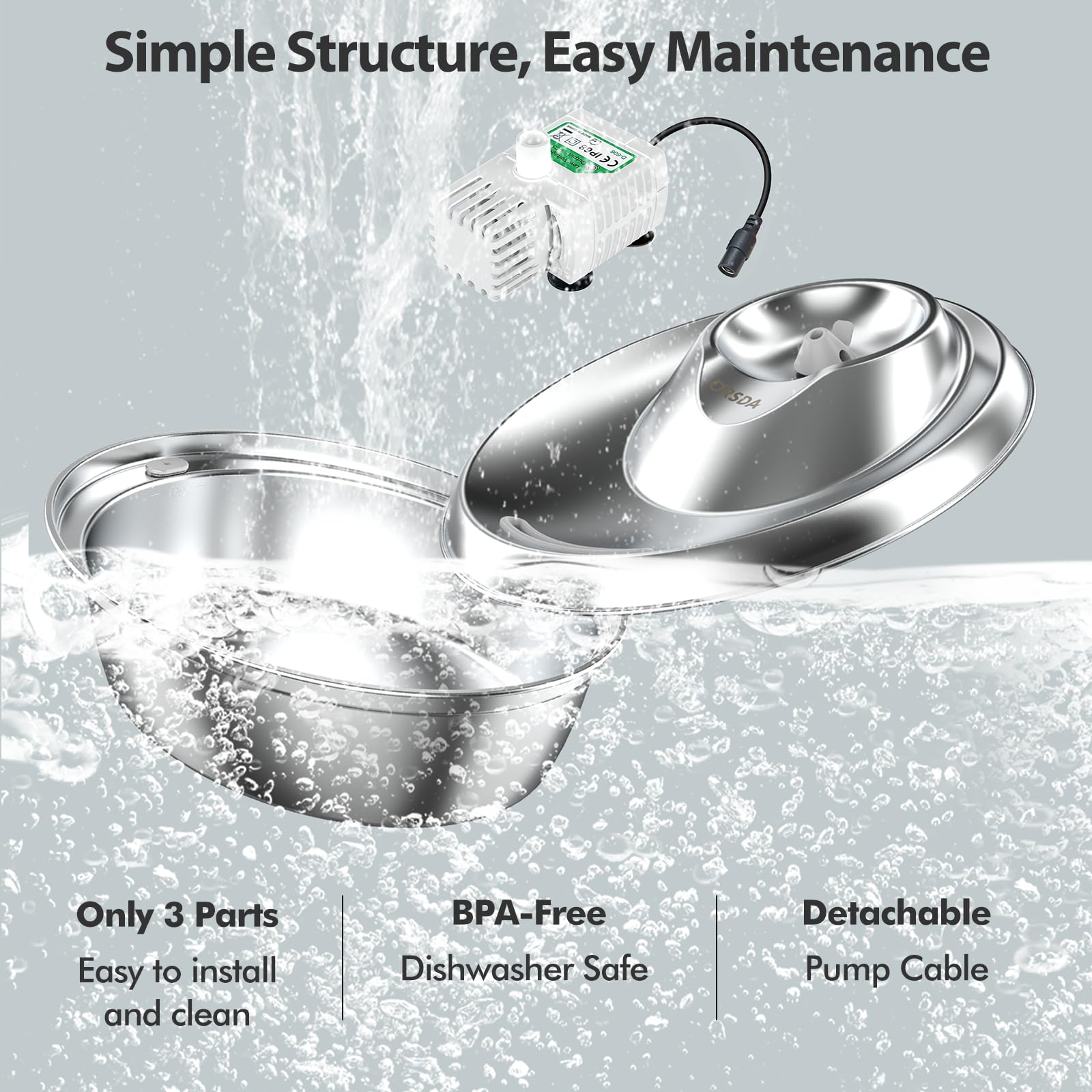 Orsda Cat Water Fountain Stainless Steel, 2L/67Oz Pet Fountain For Cats Inside, Automatic Dog Drinking Dispenser Cat Feeding & W