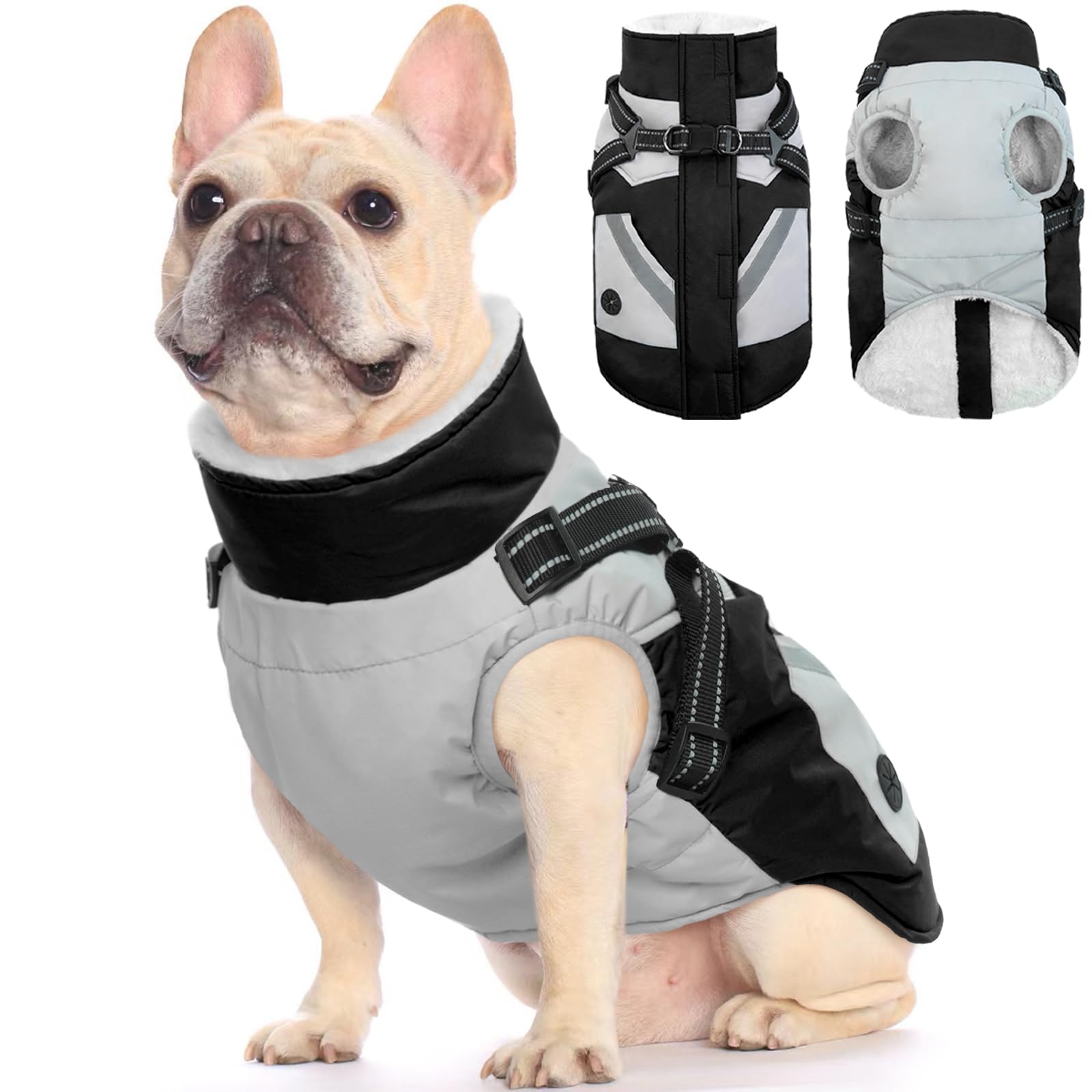 Fuamey Dog Jacket - Waterproof & Reflective, Built-In Harness, Winter Coat With Zipper, Small Dog Size, Black With Poop Bag Pock
