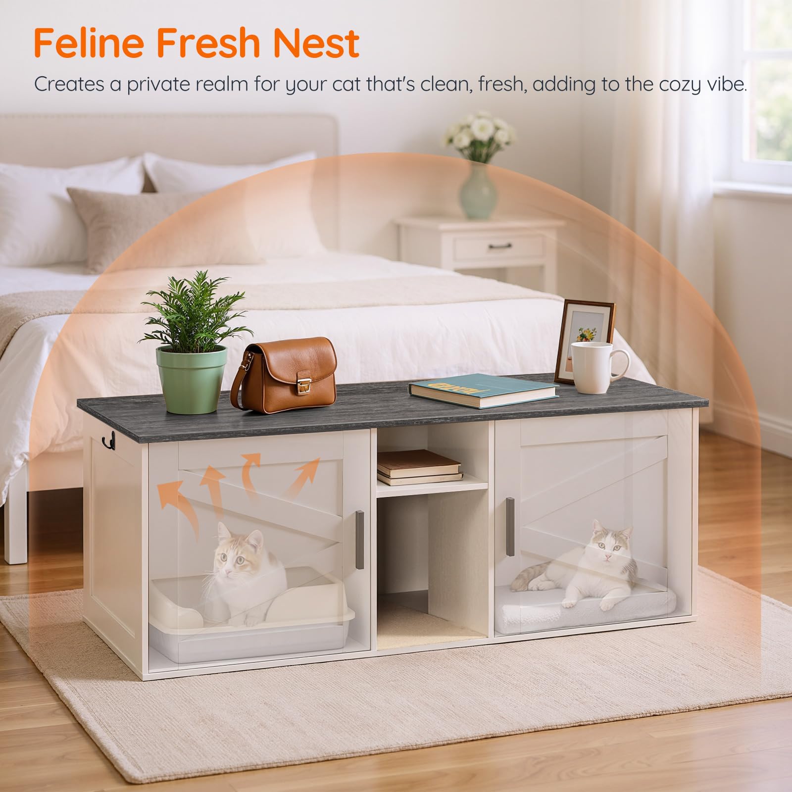 HOOBRO Double Litter Box Enclosure, Modern Cat Litter Box Furniture with Storage and Mat Design, Farmhouse Hidden Litter Box Enc