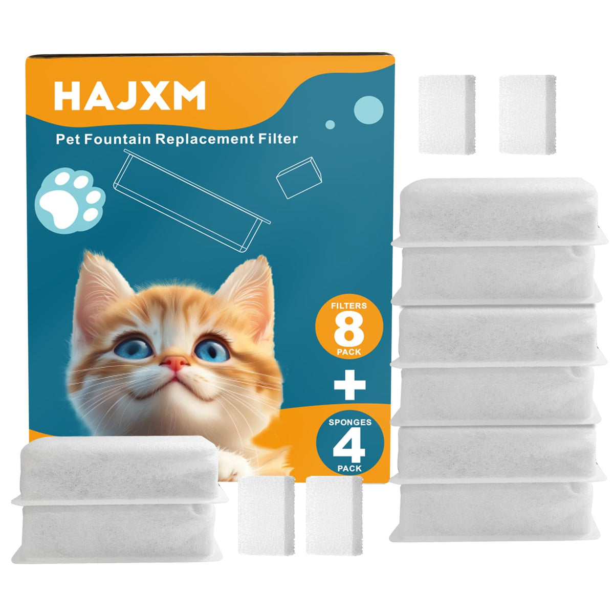 Hajxm Cat Water Fountain Filters, 8 Pack Replacement Filters & 4 Pack Replacement Sponges Set For 4L/135Oz Automatic Stainless S
