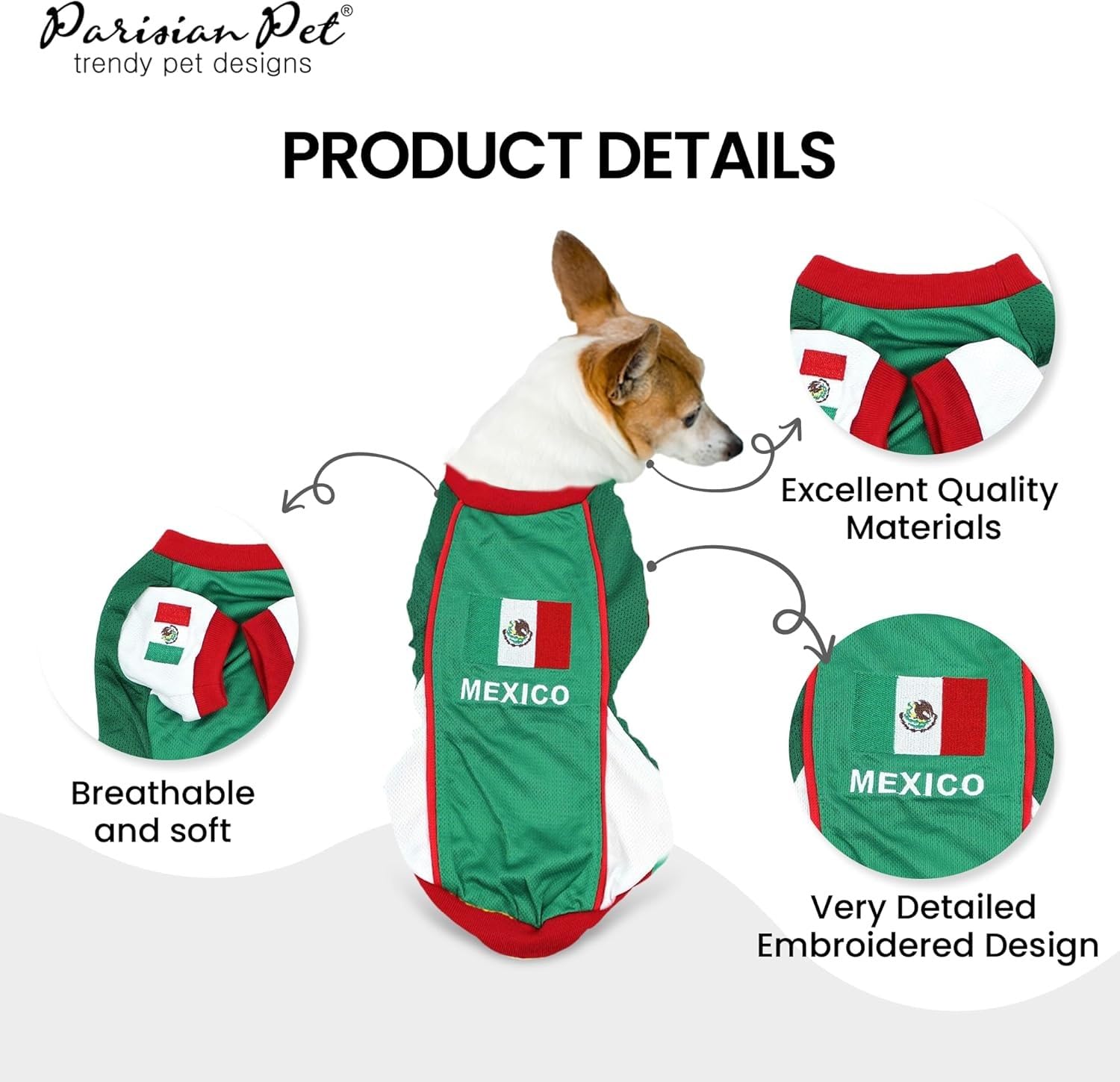 Parisian Pet Dog Jersey - Embroidered  Mexico  Breathable Mesh Fabric - Football, And Olympic Sportswear Mexico Dog Clothes - Li