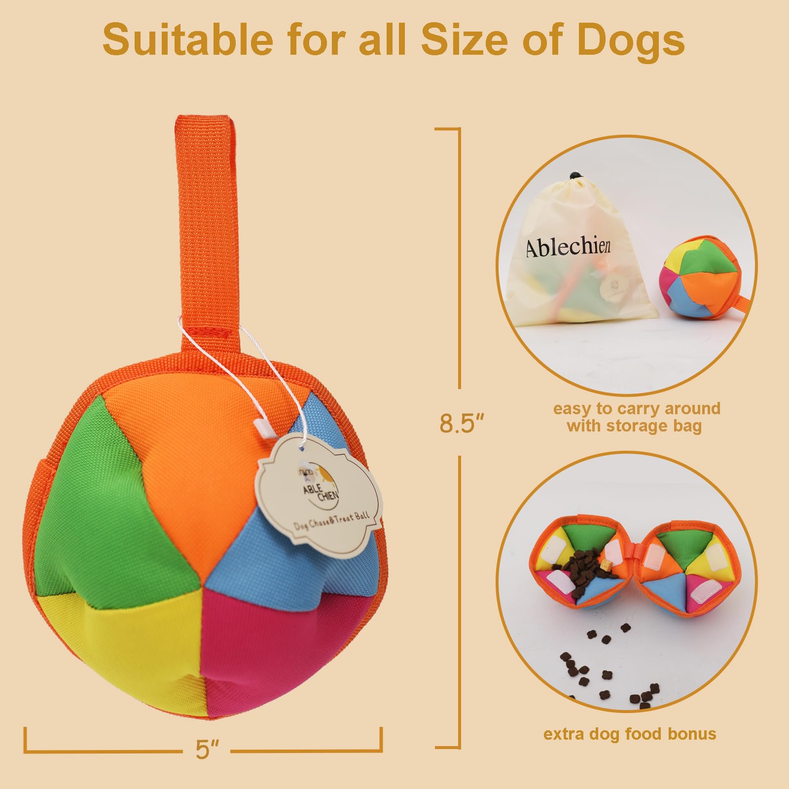 Ablechien Dog Chase & Treat Ball, Snuffle Ball For Dogs, Interactive Dog Toy For All Breeds Size With Storage Bag, Enrichment To