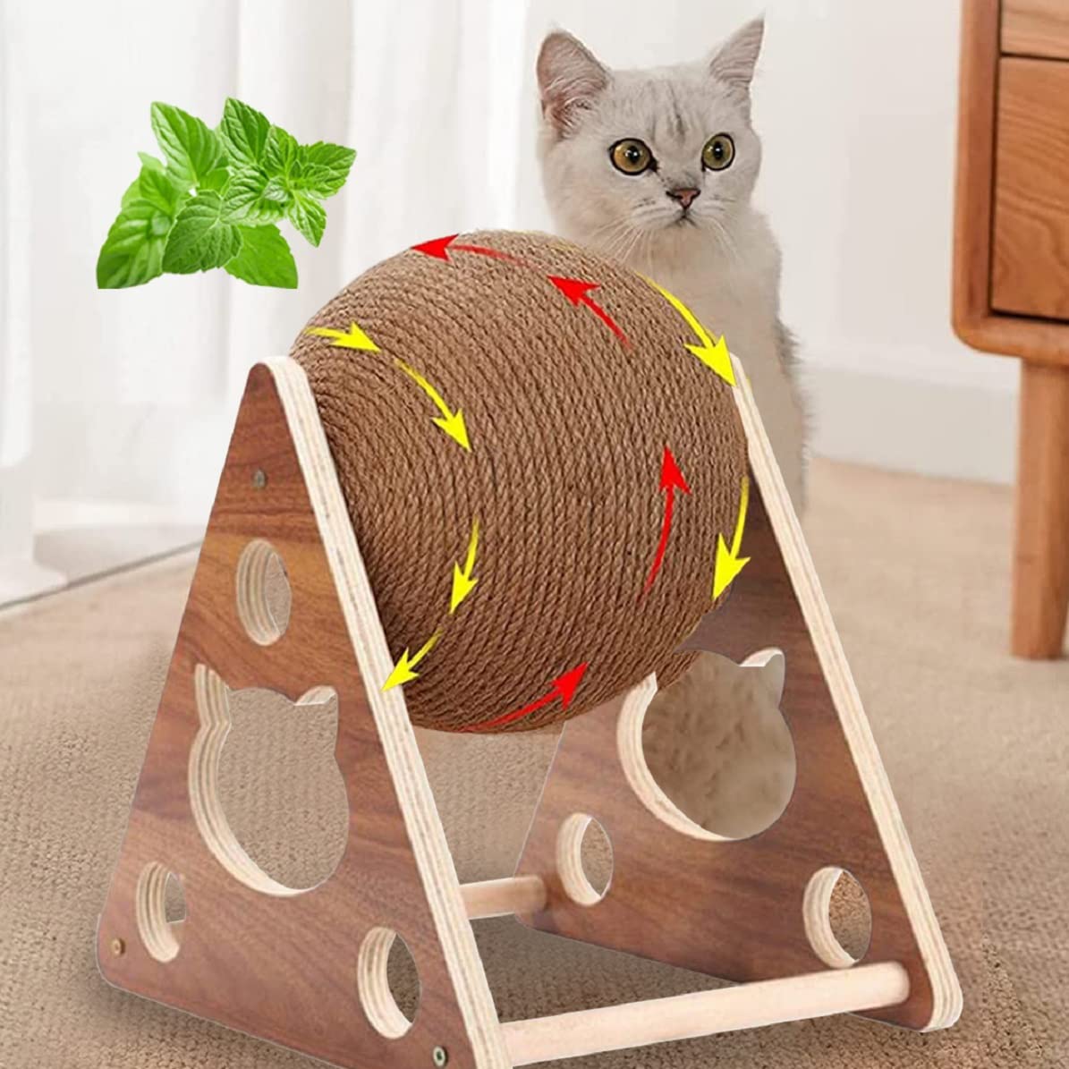 Googgoing Cat Scratcher Toy,Natural Sisal Rope Cat Scratching Ball Scratcher Toy With Ball For Cats& Kittens&Dogs&Puppy, Interactive Solid Wood Scratcher Pet Toy (Medium)