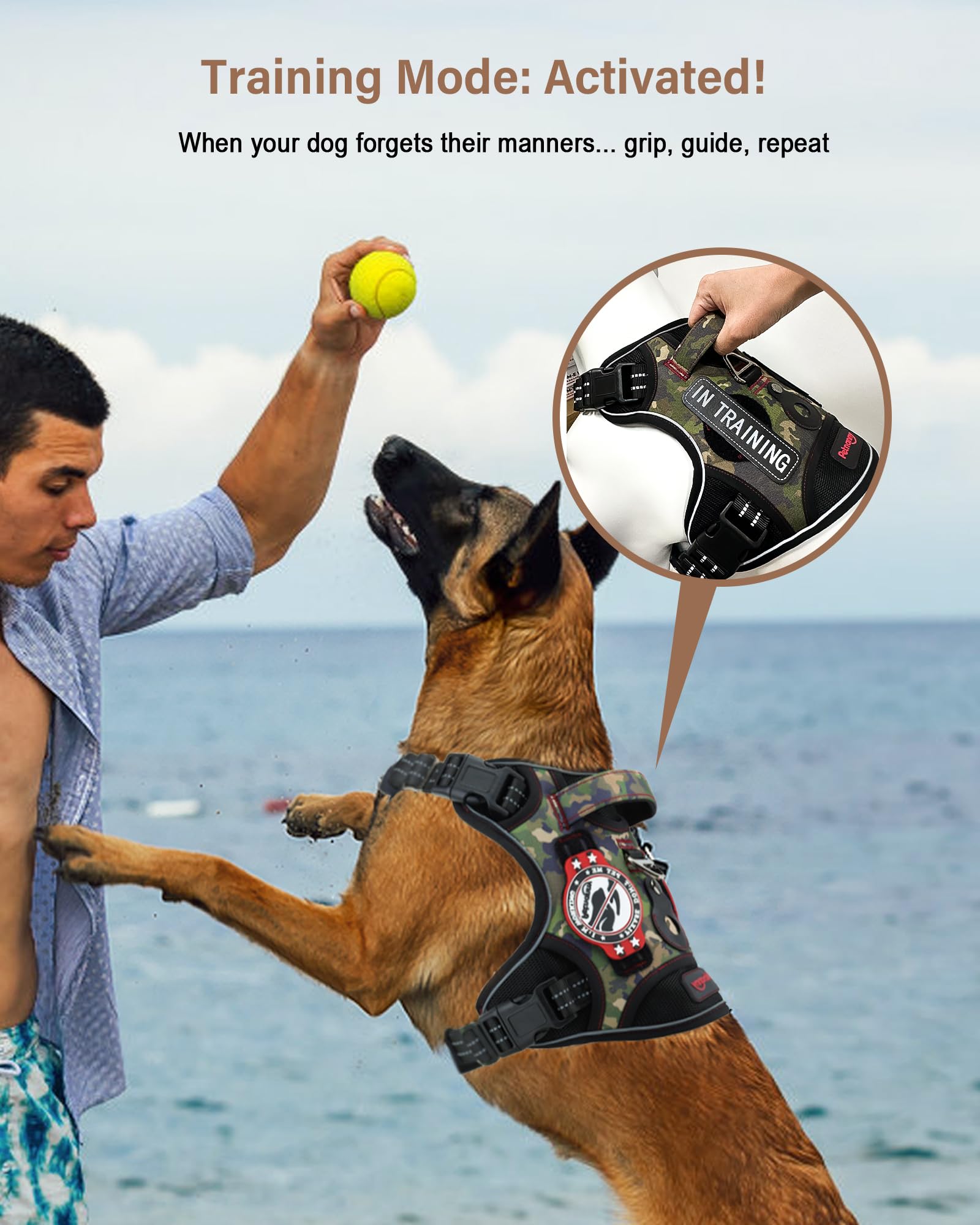 Petnanny No-Pull Tactical Dog Harness - Service Vest for L Breeds w/Reflective Strips, Padded Handle & AirTag Pocket | Escape-Pr