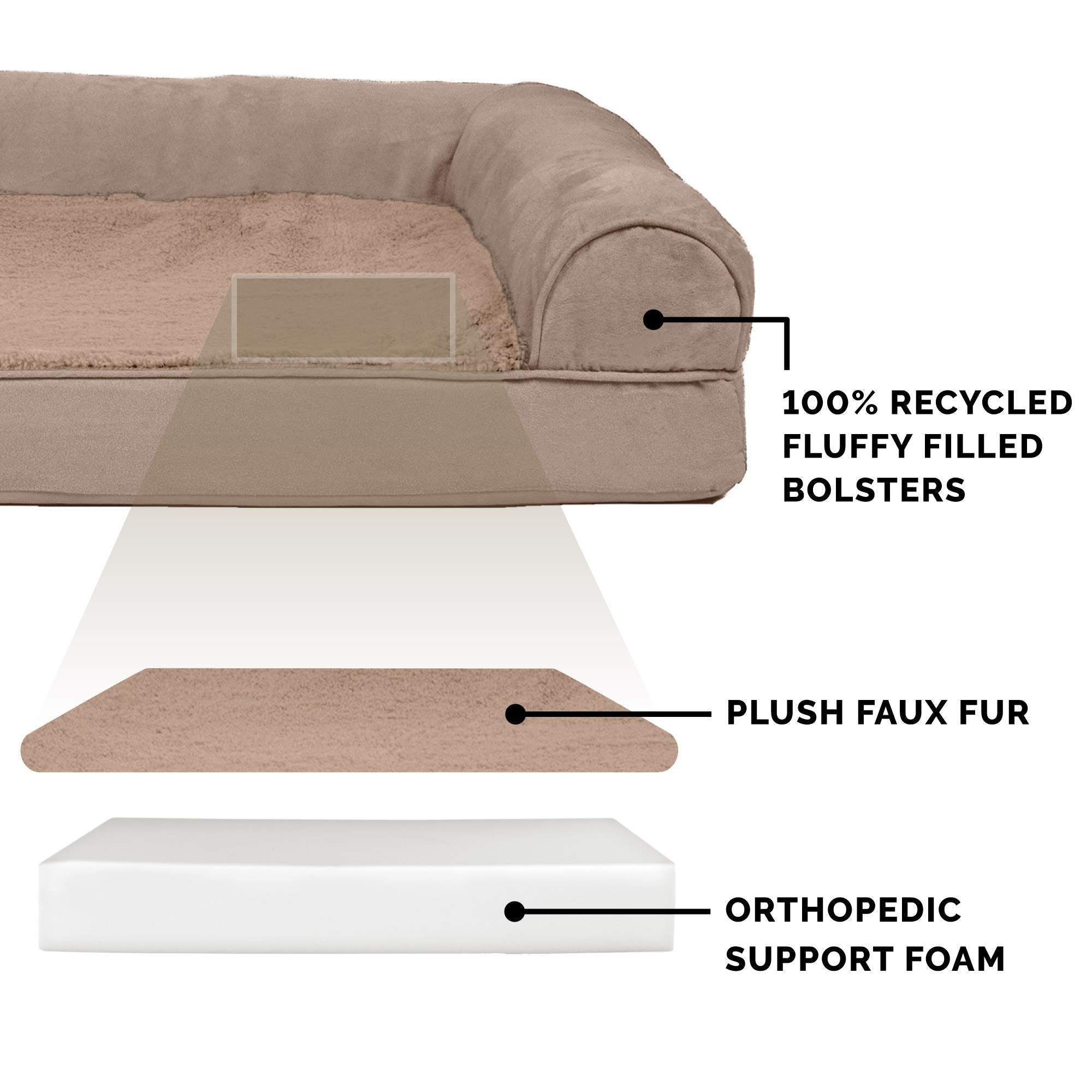 Furhaven Orthopedic Dog Bed For Large Dogs W/ Removable Bolsters & Washable Cover, For Dogs Up To 125 Lbs - Plush & Suede Sofa - Almondine, Jumbo Plus/Xxl