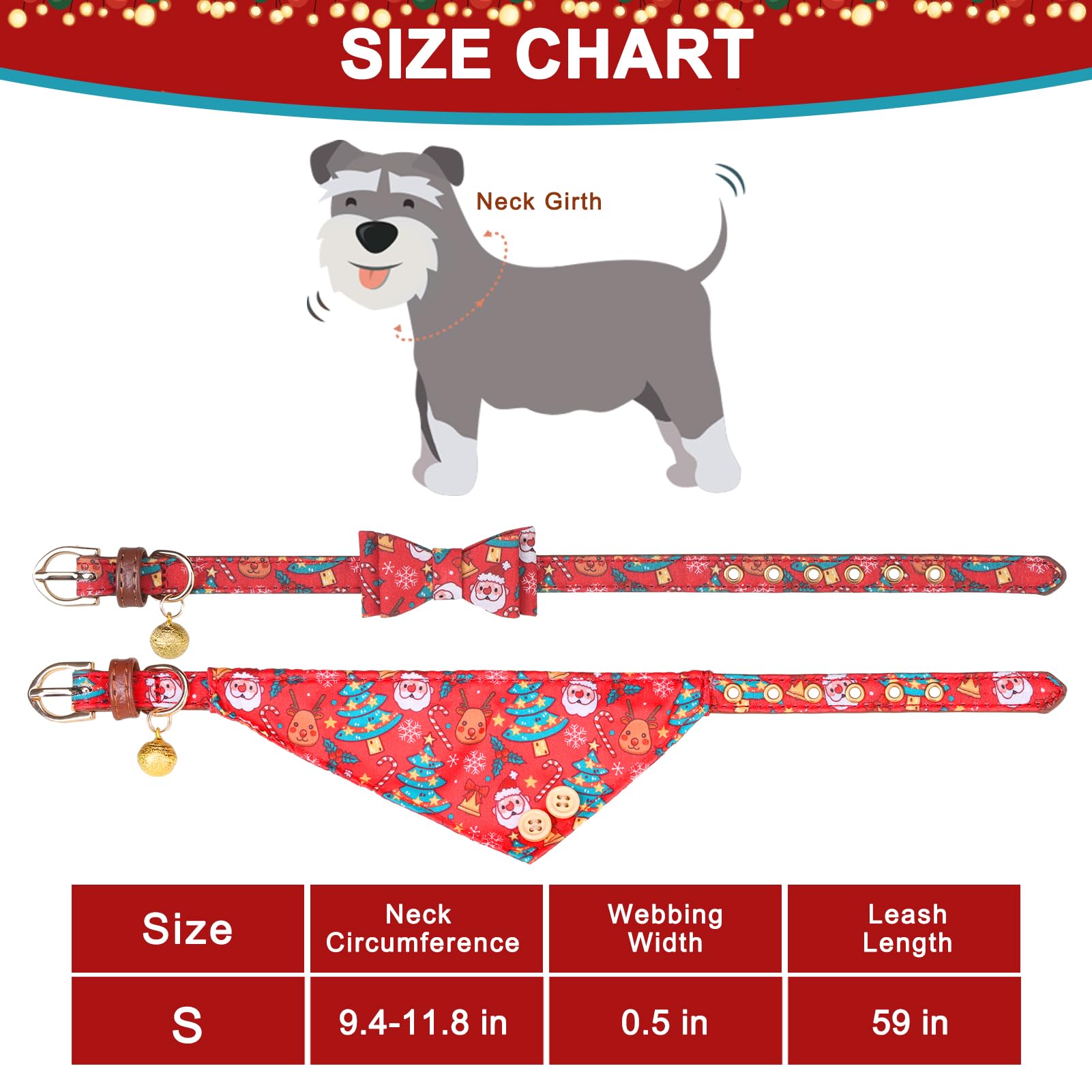 Expawlorer Christmas Dog Collar And Leash Set - Adjustable Collars With Bow Tie, Bandana, And Bell For Small, Medium, Large Dogs