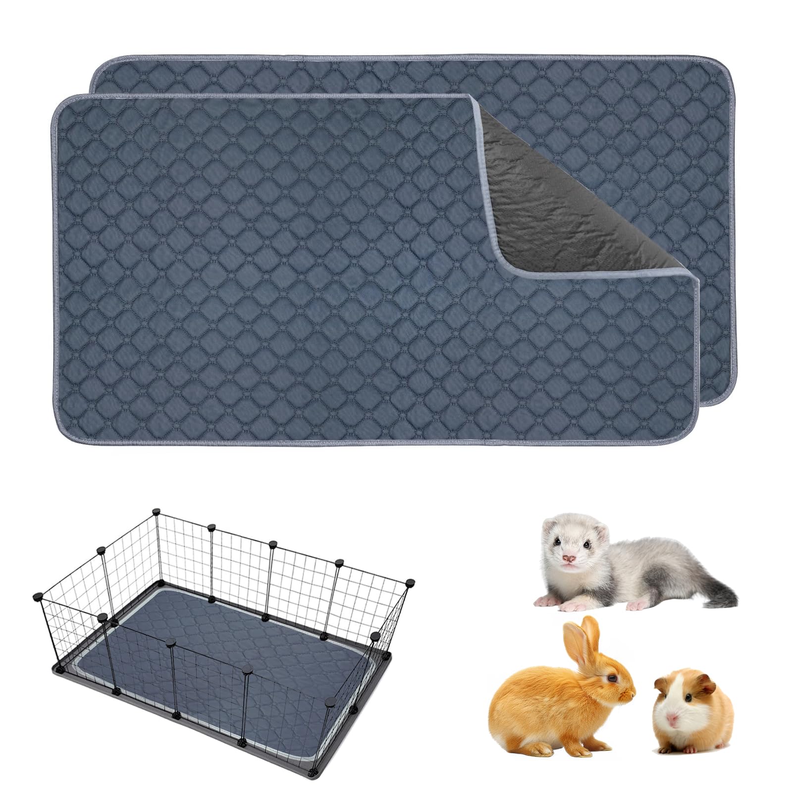 2 Pack Washable Guinea Pig Cage Liners, 24'' X 47'' Waterproof Reusable Guinea Pig Pee Pads Non Slip Super Absorbent Bedding Tra