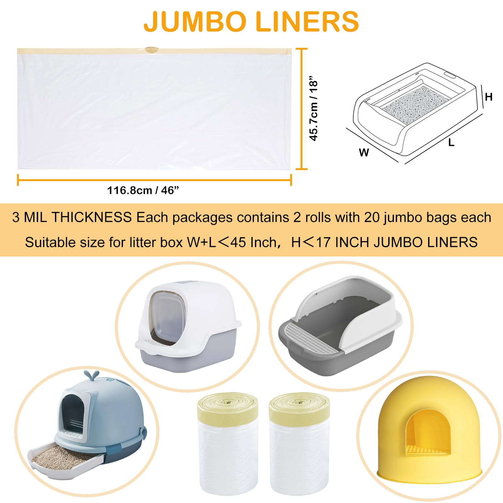 Elegx 40 Count Litter Box Liners,Hdpe Material 3Mil Extra Thick Heavy Duty 46'' X 18'' Jumbo Drawstring Cat String Liners,Compat