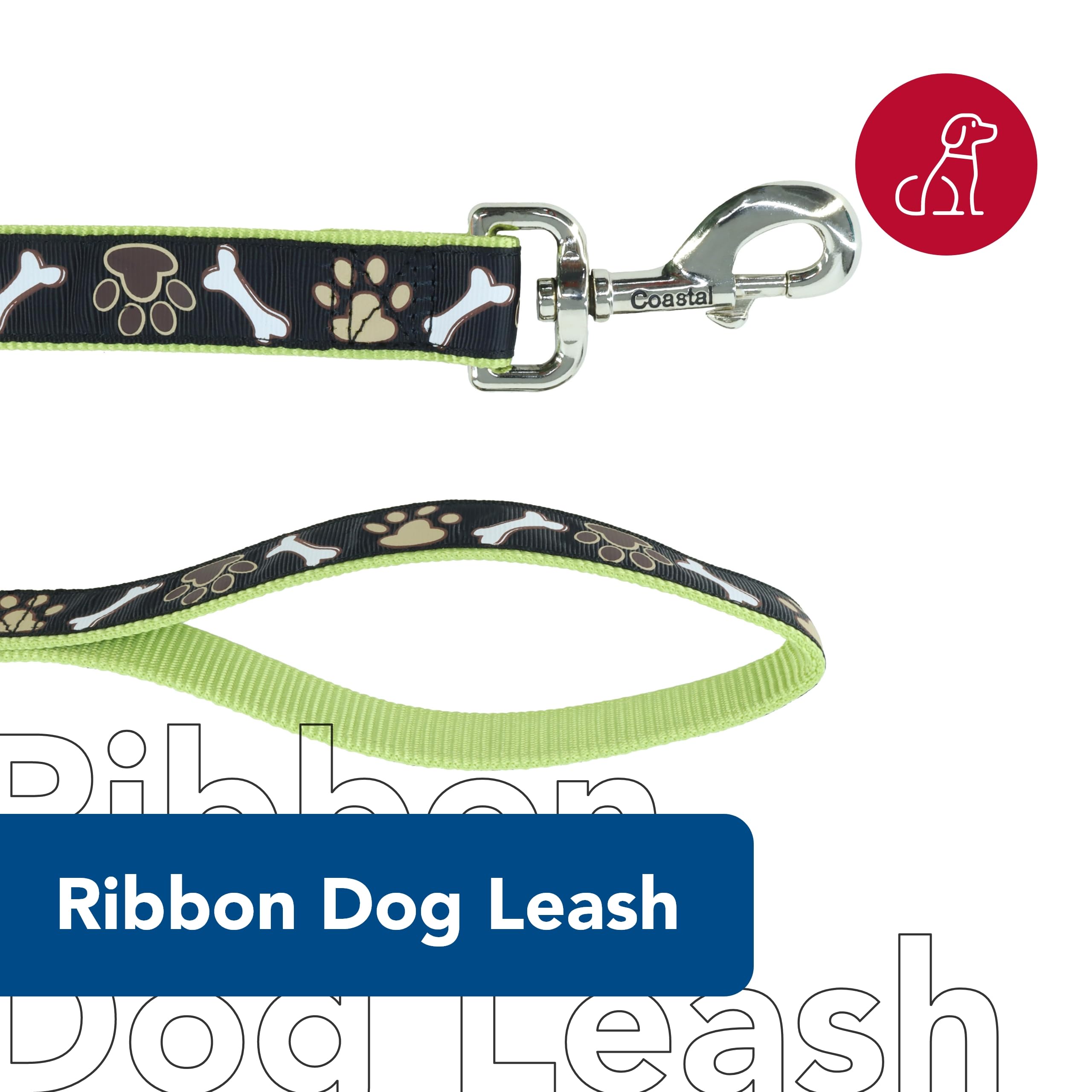 Coastal - Ribbon - Dog Leash, Brown Paws And Bones, 5/8'' X 06