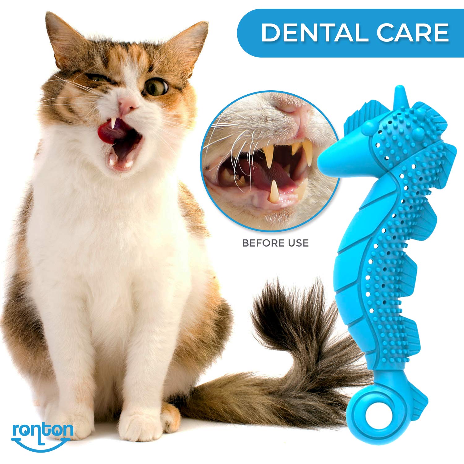 Ronton Cat Toothbrush Catnip Toy - Durable Hard Rubber - Cat Dental Care, Cat Interactive Toothbrush Chew Toy (1 Pack_Seahorse)