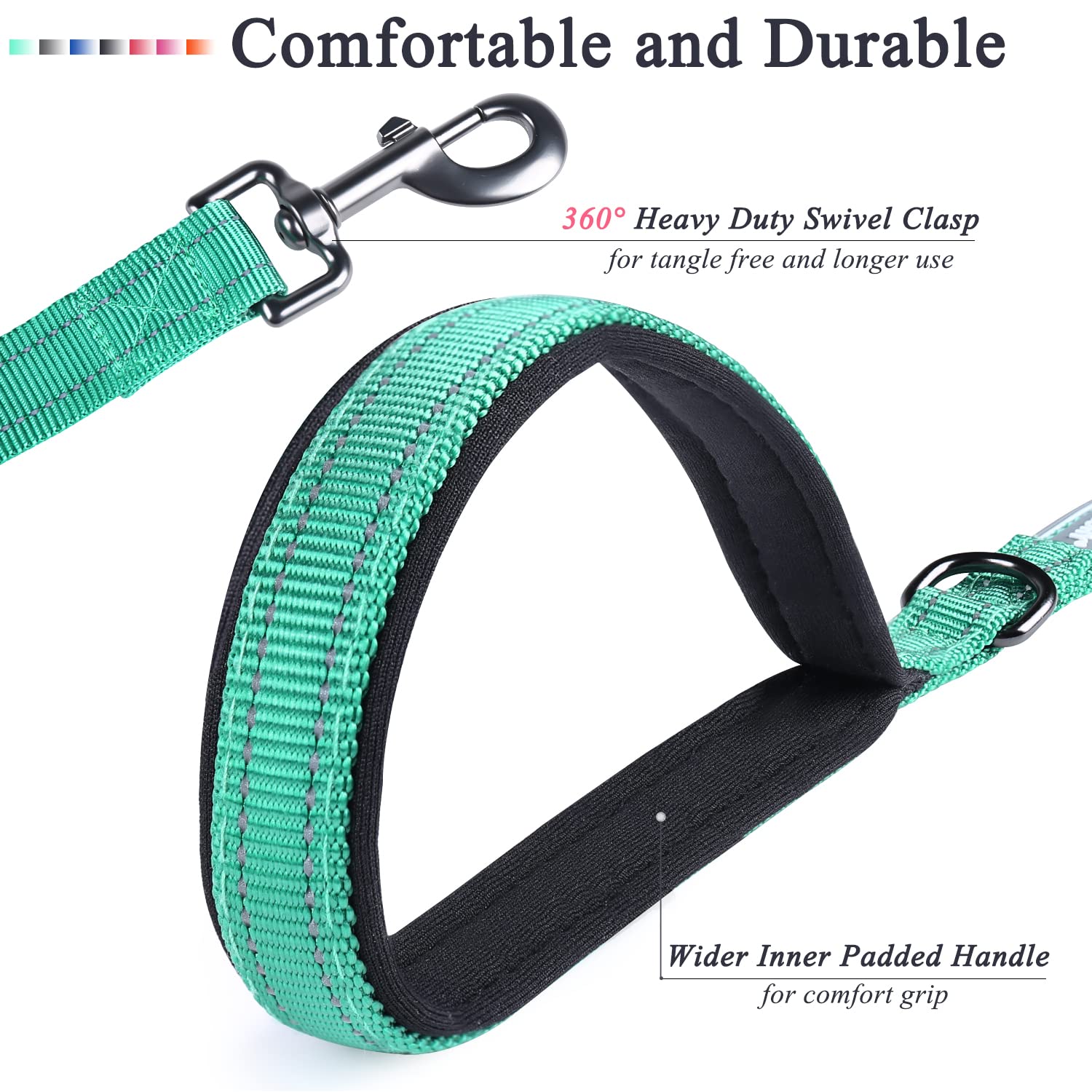 Vivaglory Traffic Handle Dog Leash, Two Padded Soft Handles Dog Leash, Strong Reflective & Metal Hook Training Dog Lead, Turquoi