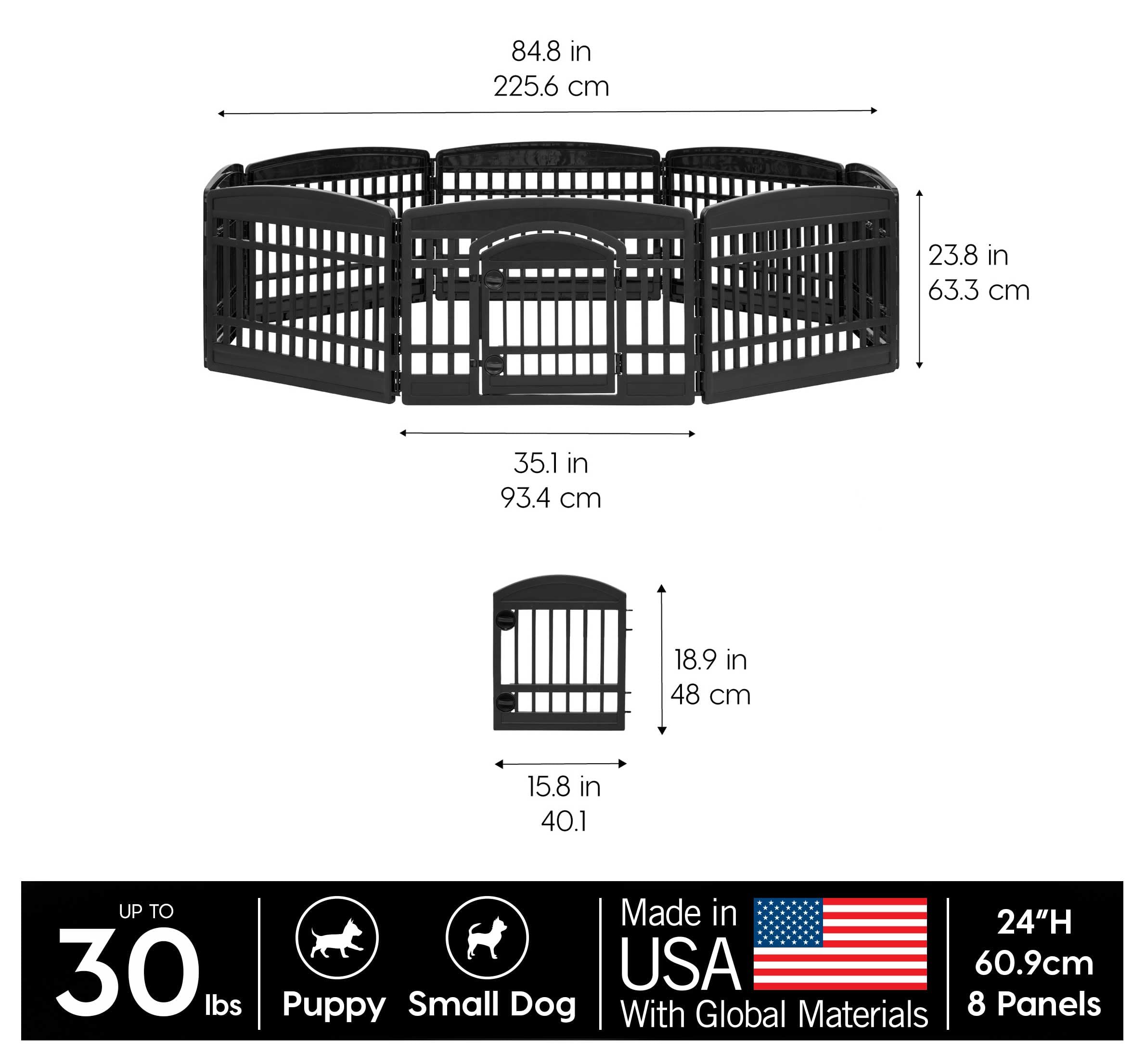 IRIS USA 24 8-Panel Pet Dog Puppy Playpen with Door, Indoor/Outdoor Dog Pen, 84 x 84 x 24, Foldable, Customizable, Black