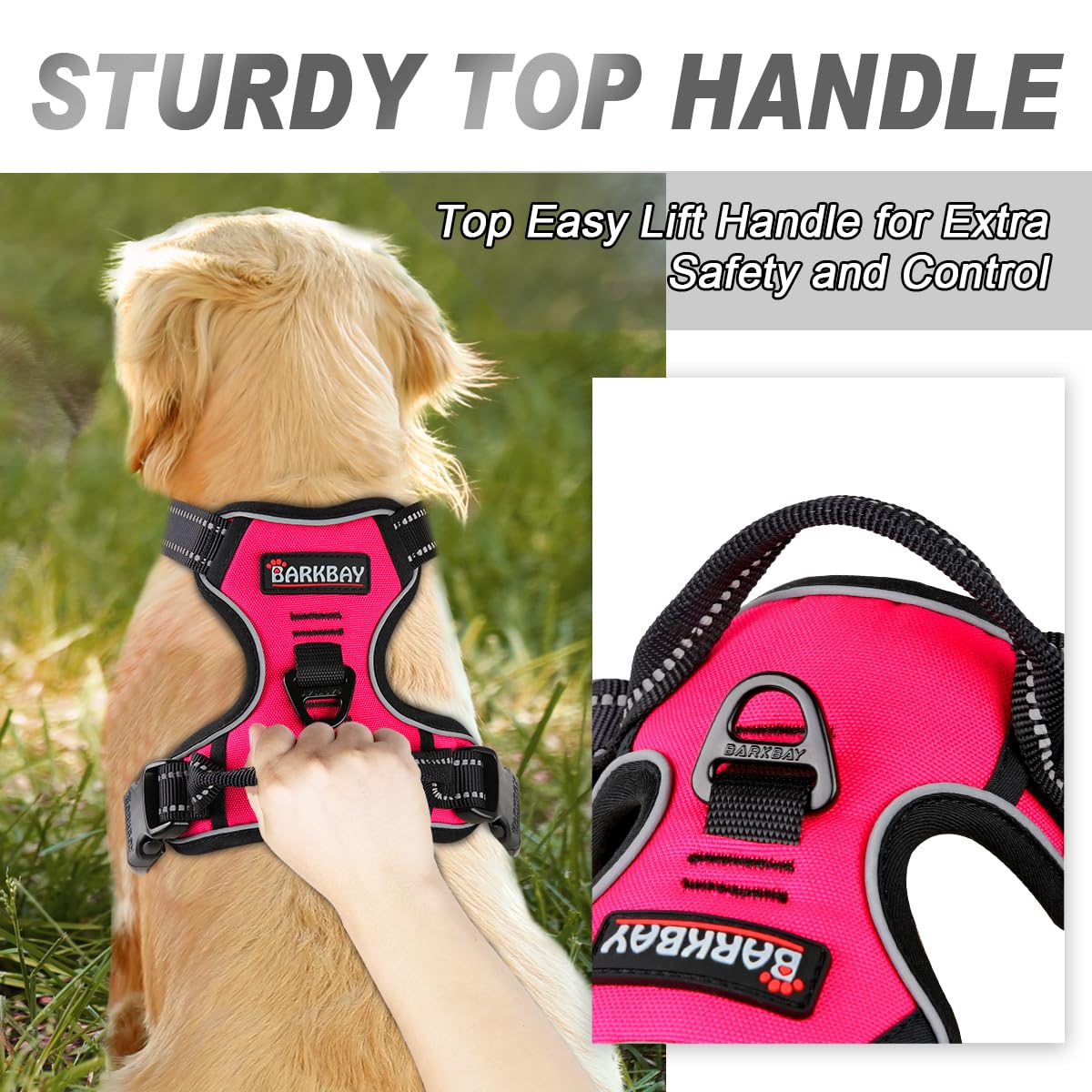 Barkbay No Pull Dog Harness Front Clip Heavy Duty Reflective Easy Control Handle For Large Dog Walking(Pink,M)
