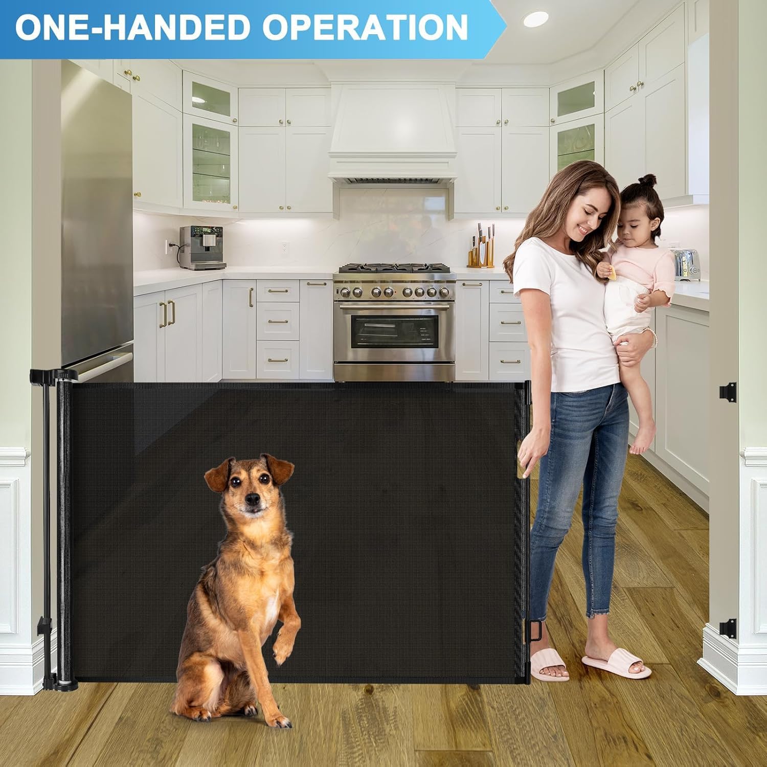 KISKIZ Retractable Baby Gate, 55" Wide Mesh Dog Gate for Stairs, Black, 33" Tall, Model TB-A741147