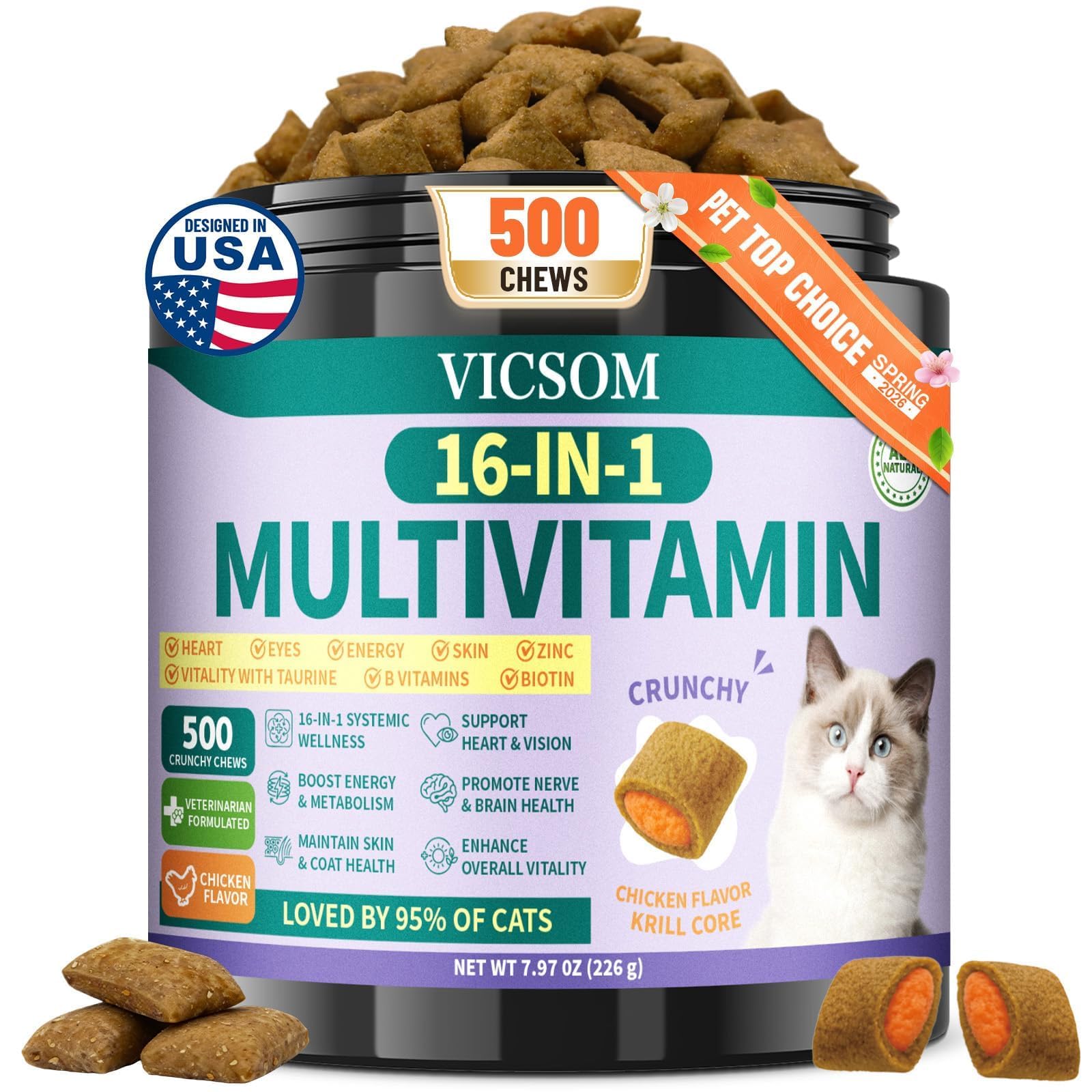 Taurine for Cats Vitamins Treats, 16 in 1 Cat Multivitamin 500 Crunchy & Krill Chews Support Immune, Joint, Digestion, Skin & Co