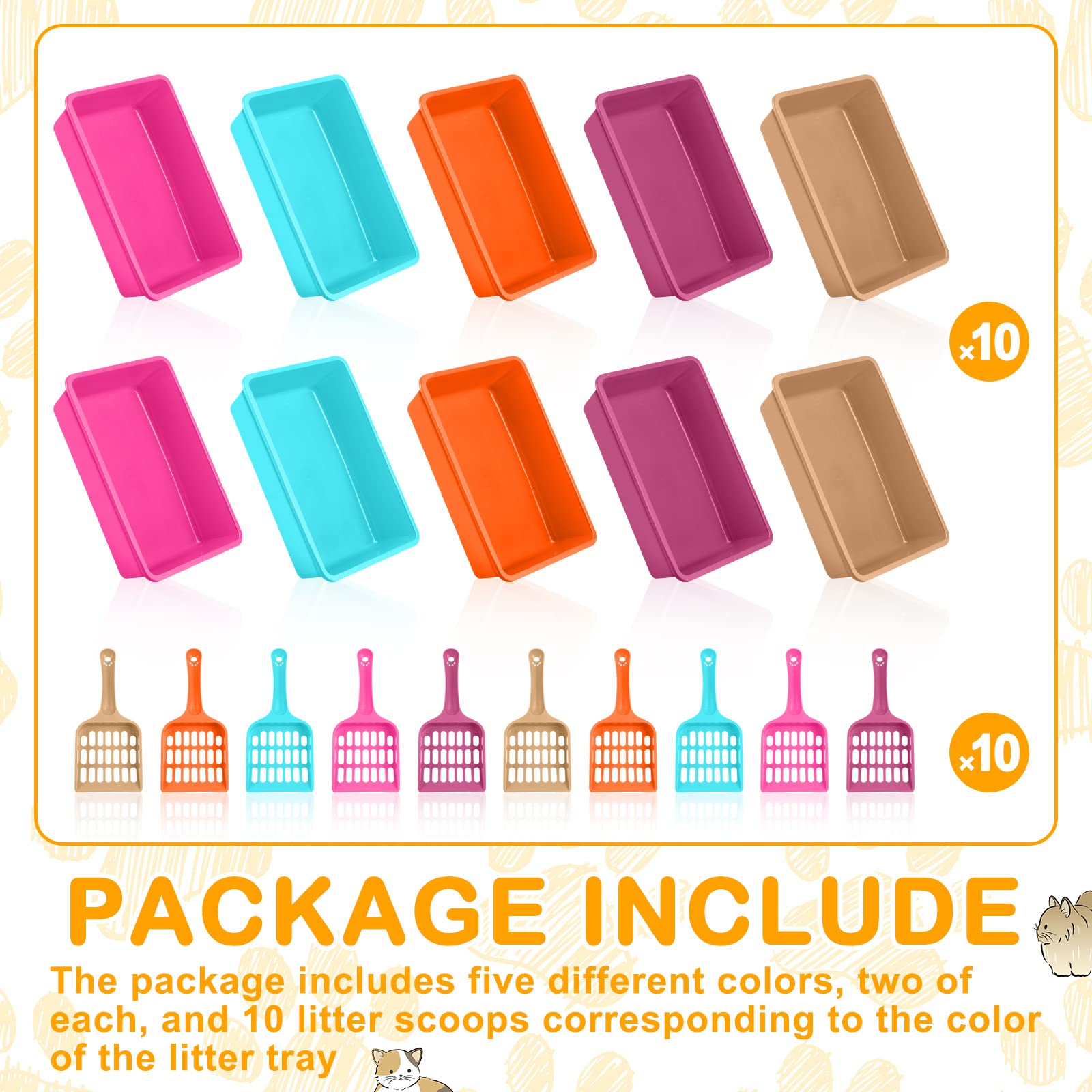 10Pcs Open Cat Litter Box Kitten Litter Pan With 10 Scooper Medium Plastic Litter Tray Durable Nonstick Litter Box For Indoor Pets Cats Rabbit Supplies Easy To Clean,14.6X10.6X3.4 Inch, Assorted Color