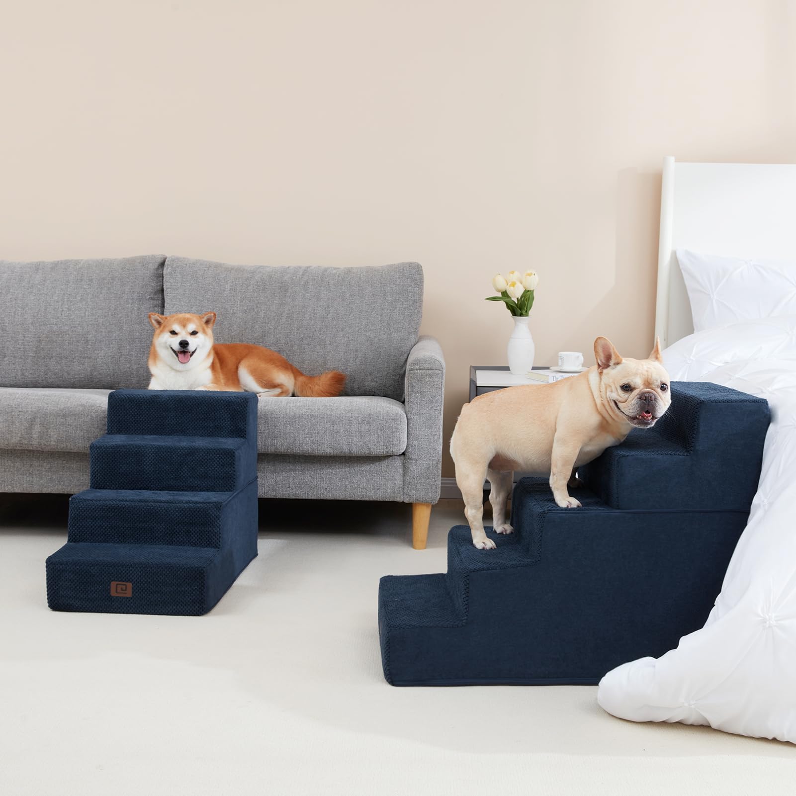 Eheyciga Dog Stairs For High Bed 22.5”H, 5-Step Dog Steps For Bed, Pet Steps For Small Dogs And Cats, Non-Slip Balanced Dog Indoor Ramp, Navy Blue