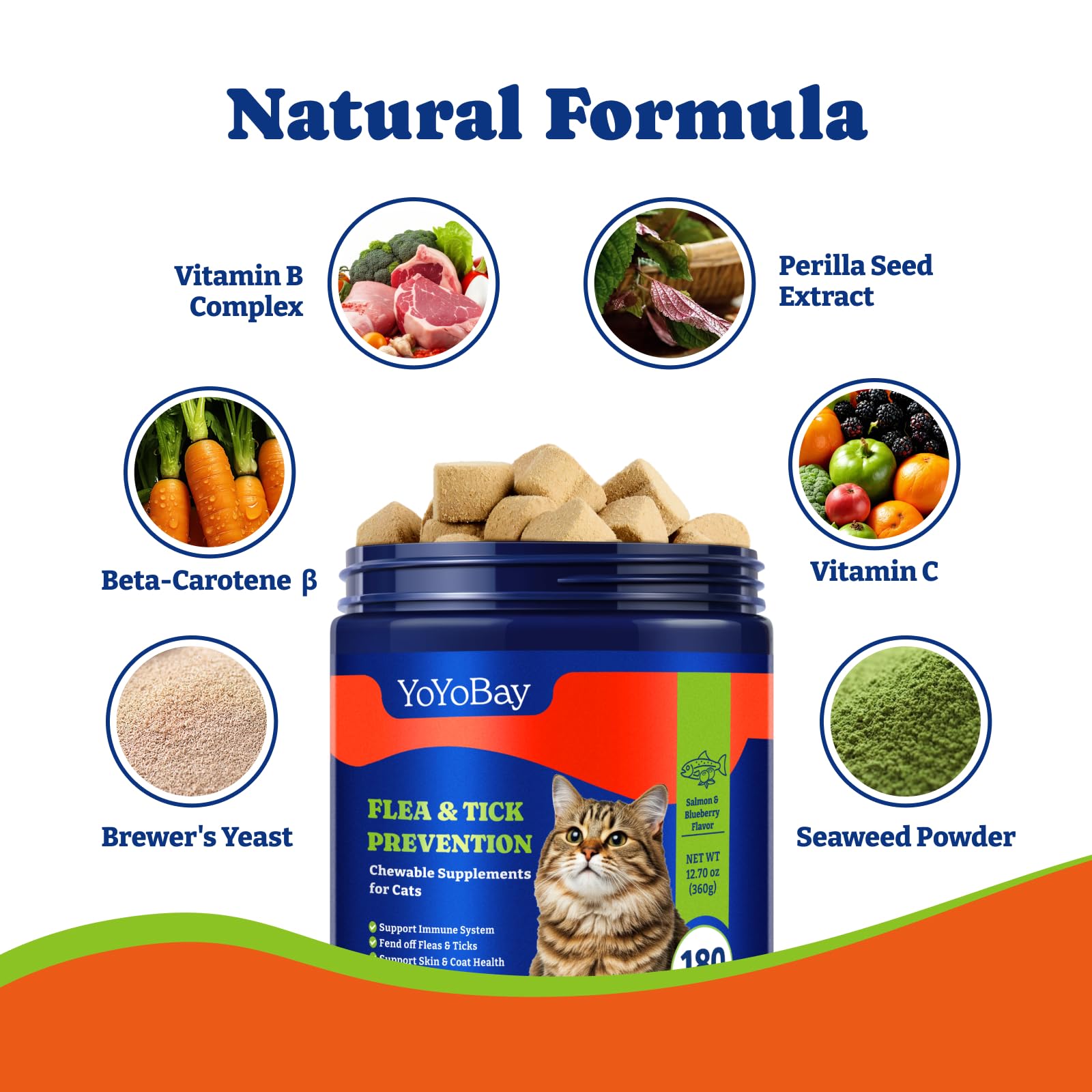 YoYoBay Flea Treatment for Cats - Salmon & Blueberry Flavor Cat Flea Treatment Chewable, Natural Flea and Tick Prevention for Ca