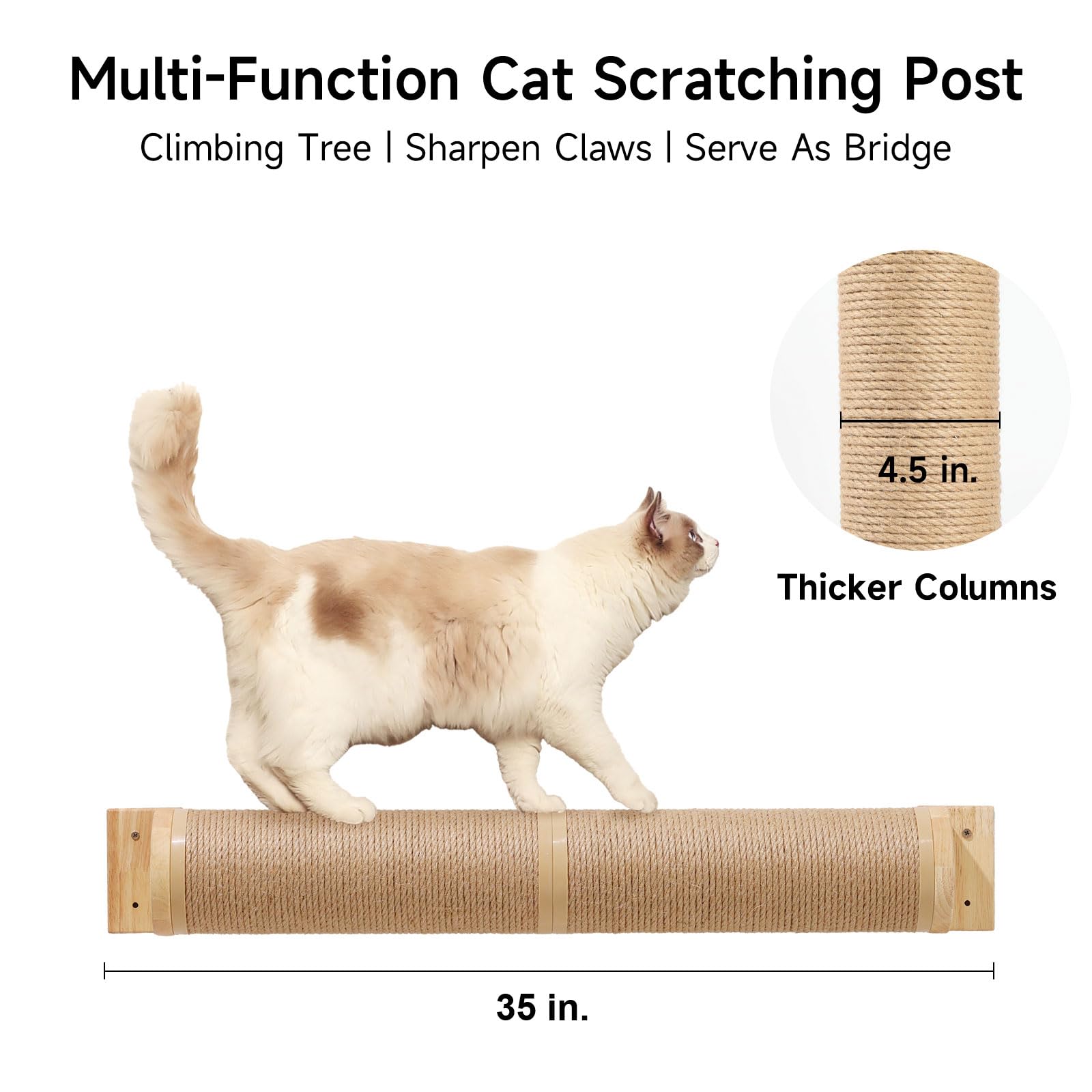 Fukumaru Cat Scratching Post, 35 X 4.5 Inch Cat Wall Furniture, Rubber Wood Wall Mounted Cat Scratcher Posts For Large Cats, Thicker Columns For Multi-Functions