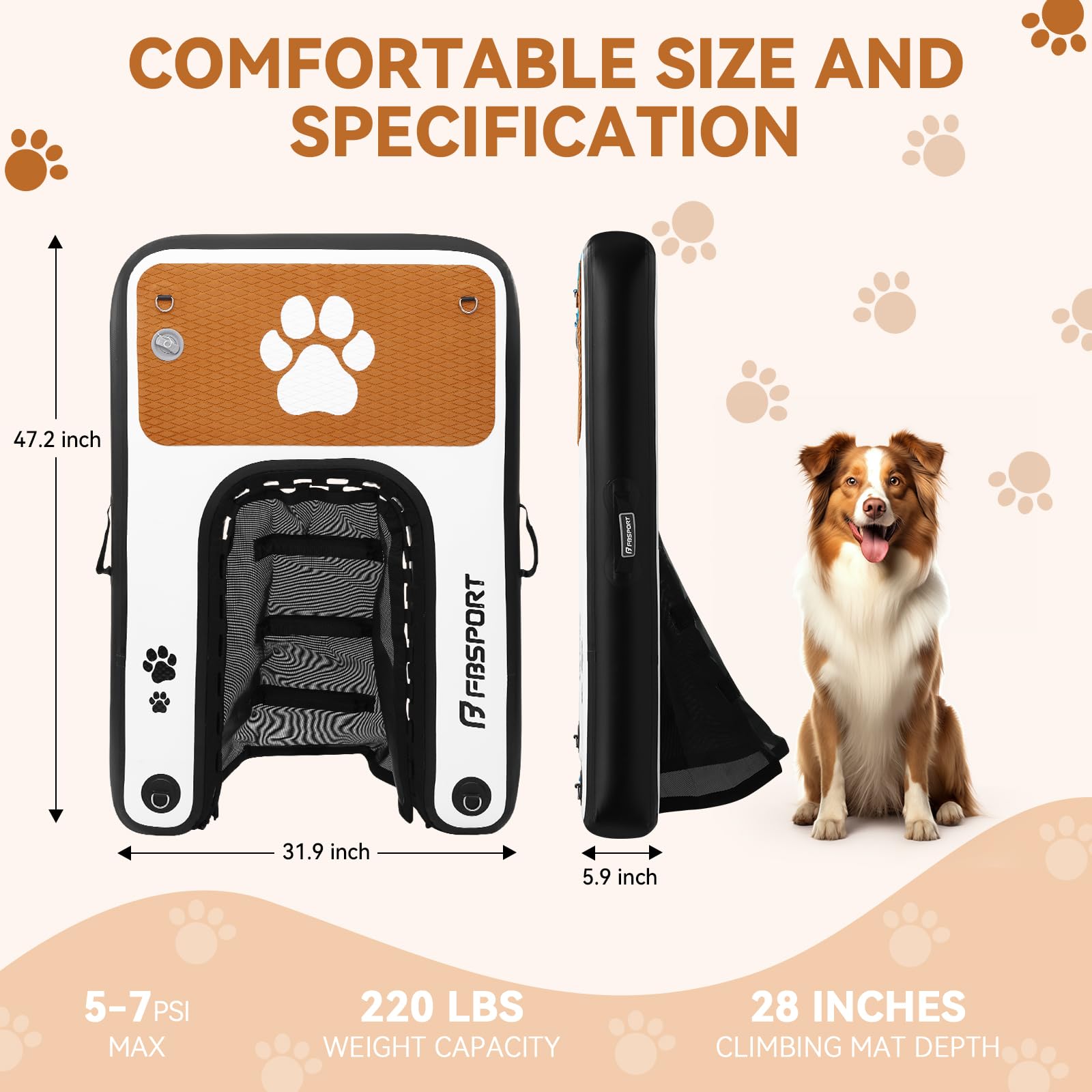 FBSPORT Inflatable Dog Pool Ramp, Non-Slip EVA Ladder for Boats, Supports 200 LBs, Black/White, Model GFT-02