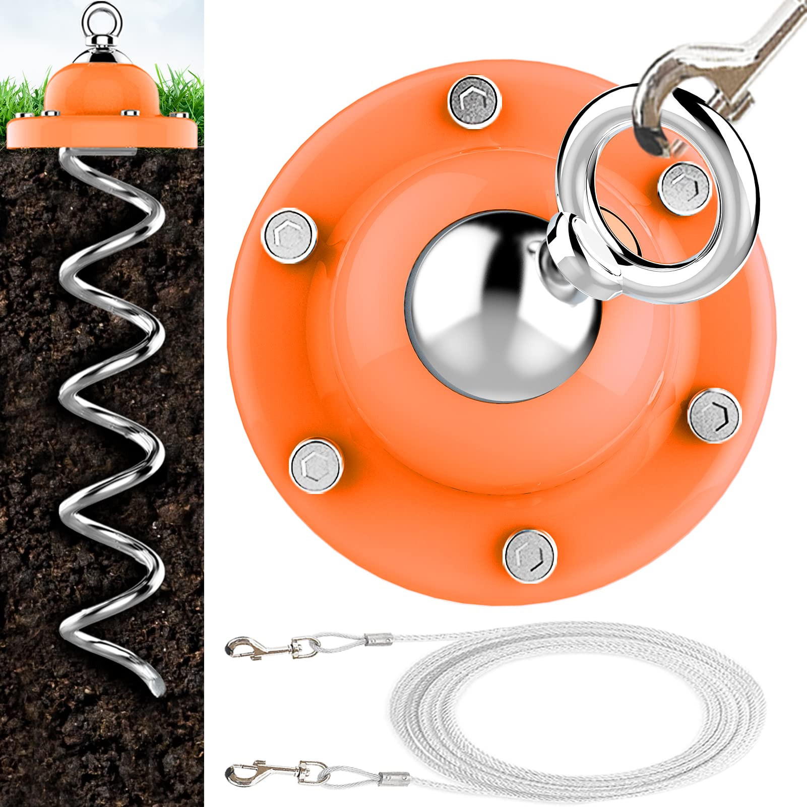 Eurmax Usa 360° Swivel Pet Dog Tie Out Stake Bonus 17Ft Dog Tie Out Cable Dog Anchor Heavy Duty Dog Yard Stake Rust Proof Anchor Dog Tether (Orange)