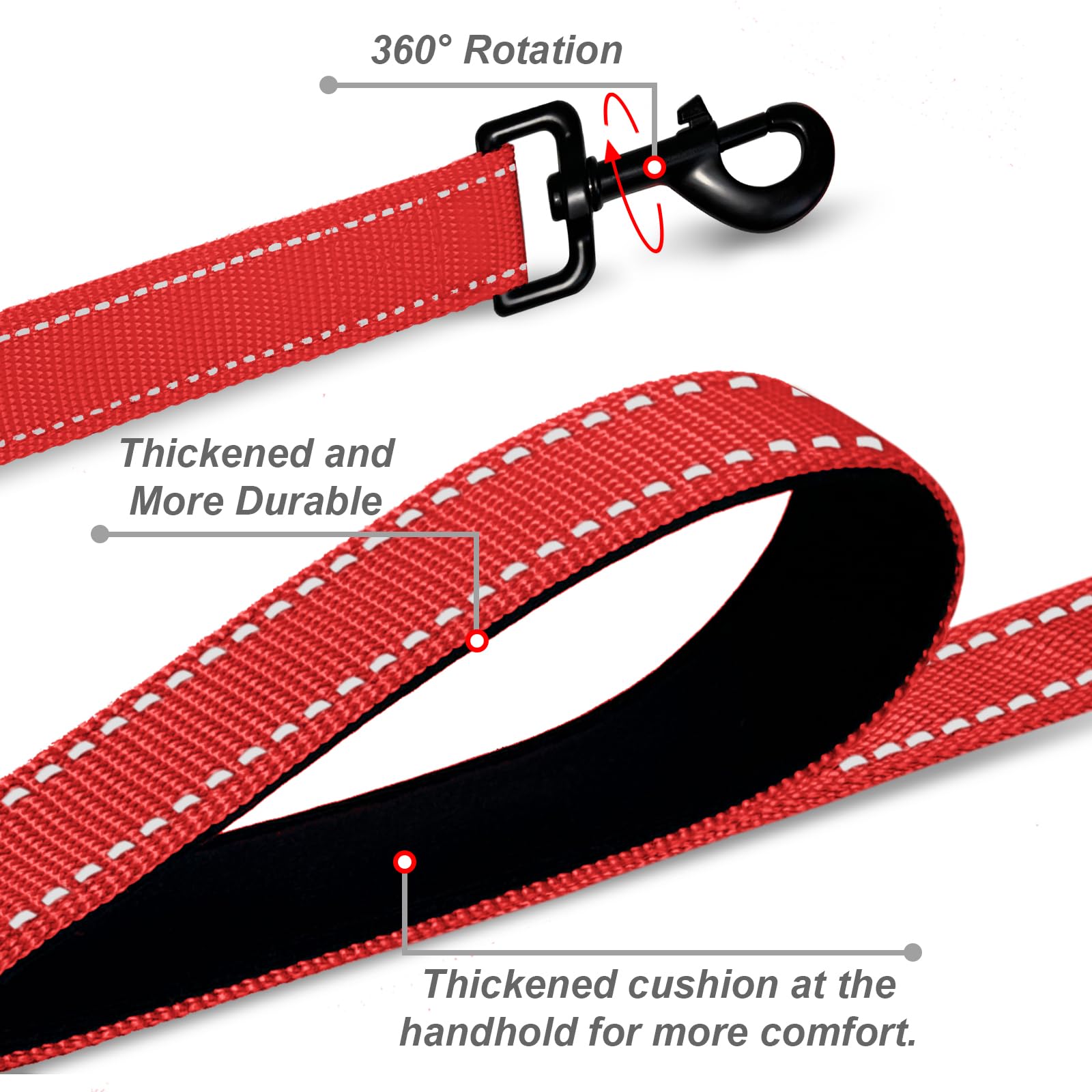 Bully Dog Leash 5Ft With Comfortable Padded Handle, Highly Reflective Threads, Adjustable, Red, Large