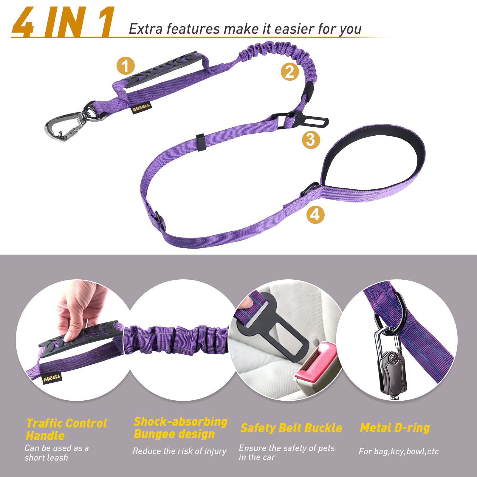 AUBELL Tactical Dog Leash Heavy Duty,4-6ft Reflective Strong No Pull Bungee Leash for Medium Large Dogs with Comfortable Padded