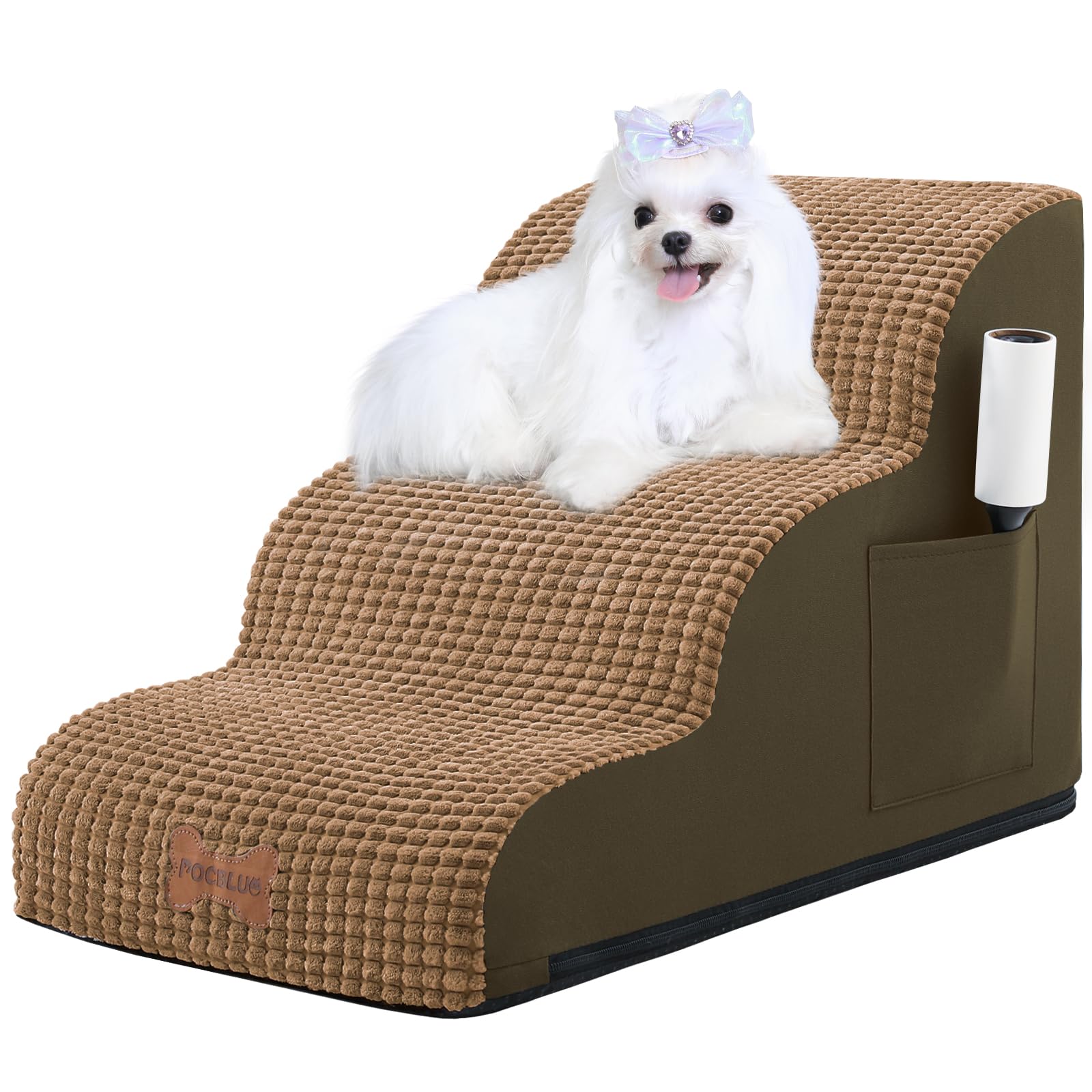 Dog Stairs For Small Dogs, Wide Pet Step With Removable Cover, No Assembly High Density Foam Cat Ramp For Bed Or Sofa, 3-Step, L