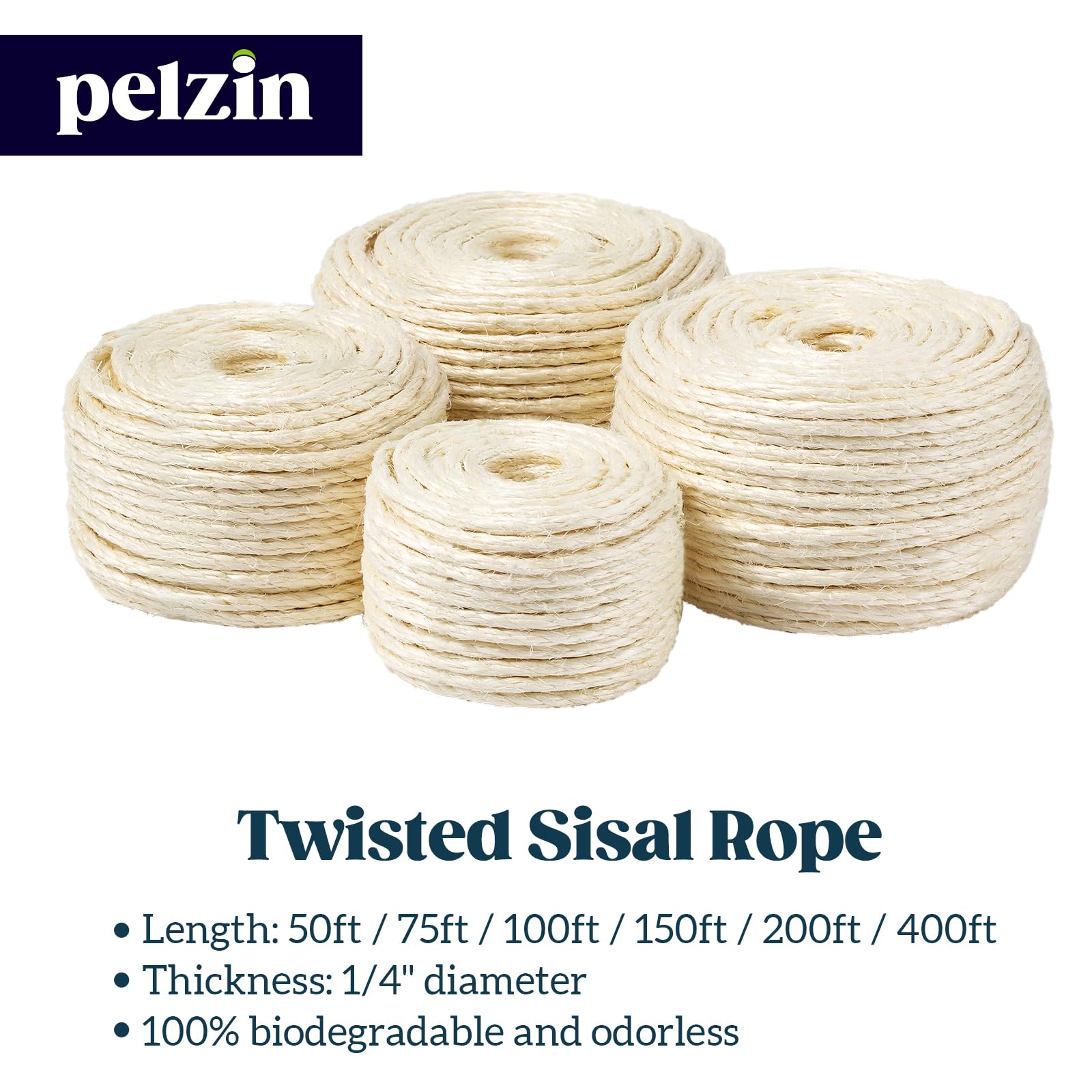 Pelzin Natural Sisal Rope for Cat Scratcher 1/4 Inch by 150 Feet, Cat Tree Rope Twine for Cat Scratching Post Replacement, Cat T
