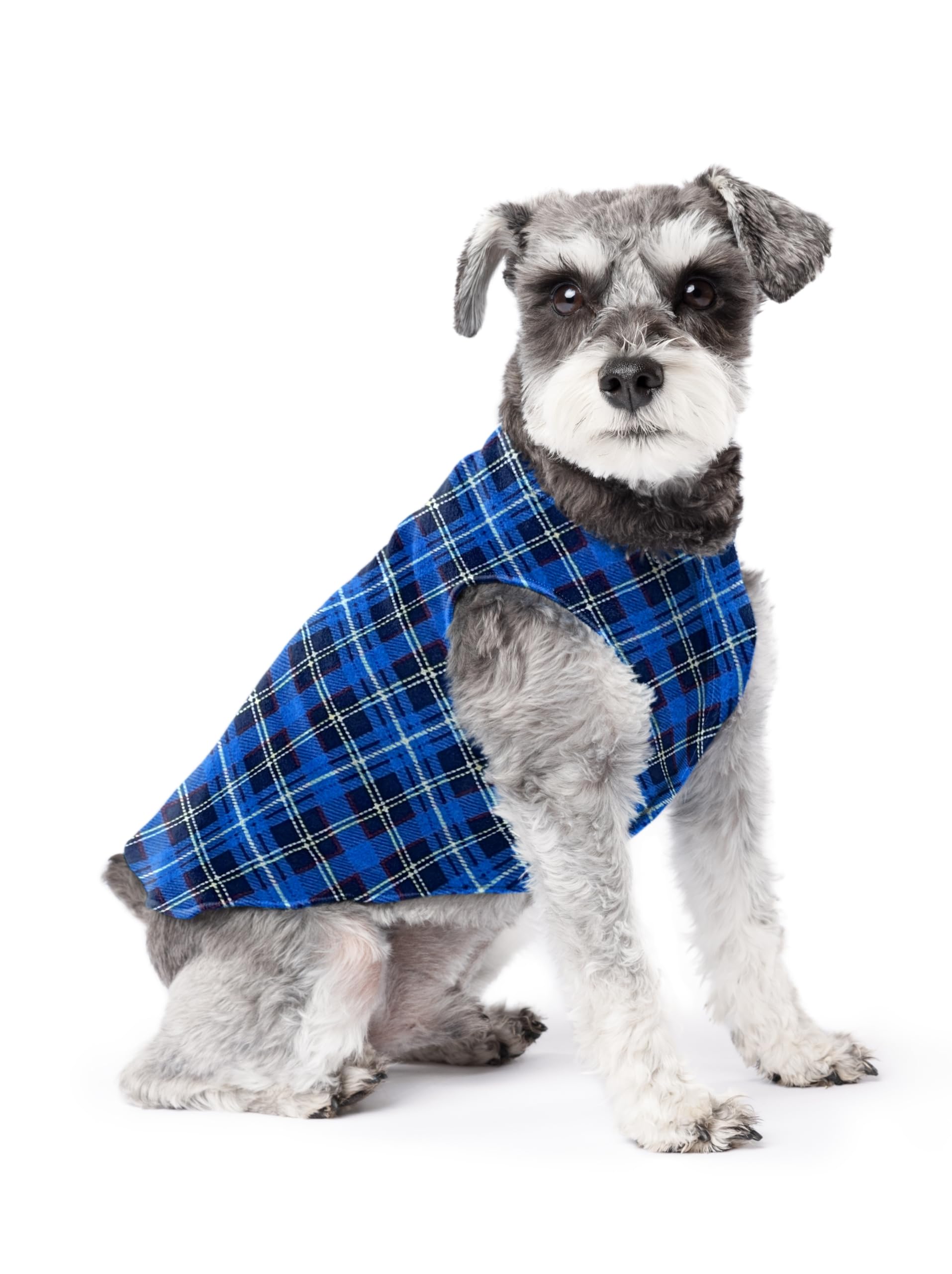 Gold Paw Stretch Fleece Dog Coat, Stretchy Pet Sweater, Machine Washable Pullover For Winter And Fall, Blue Plaid, 10