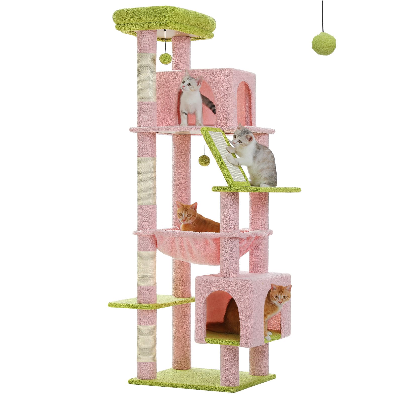 Uymi 71 Inch Tall Pink Cat Tree For Indoor Cats Large Adult, Multi-Level Cat Tower With Extra Large Hammock, 2 Cat Caves, Spacio