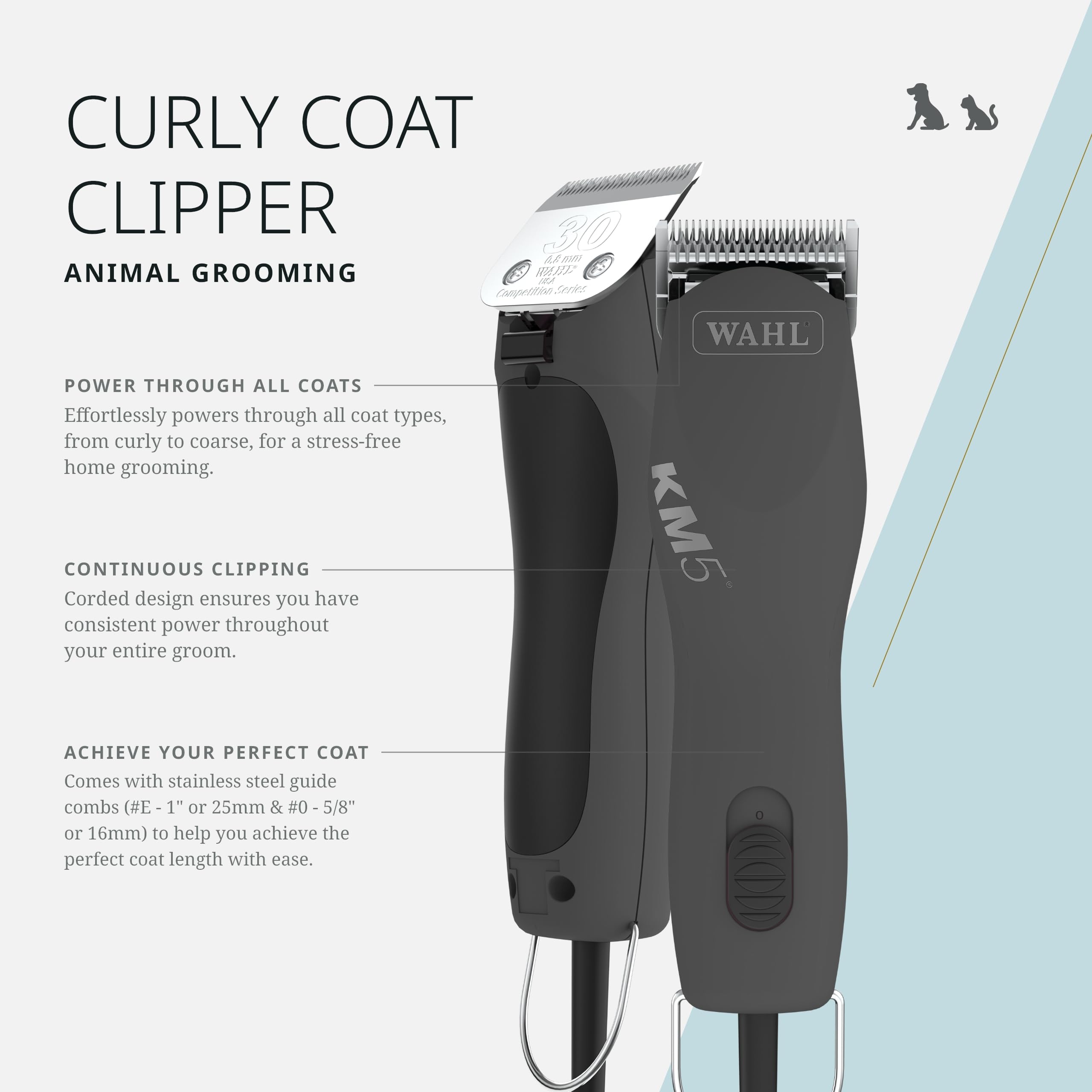 Wahl Pro Animal KM 2-Speed Dog & Cat Clipper - Curly Coat Grooming Tool - Includes 2 Stainless Steel Combs - Gunmetal Black