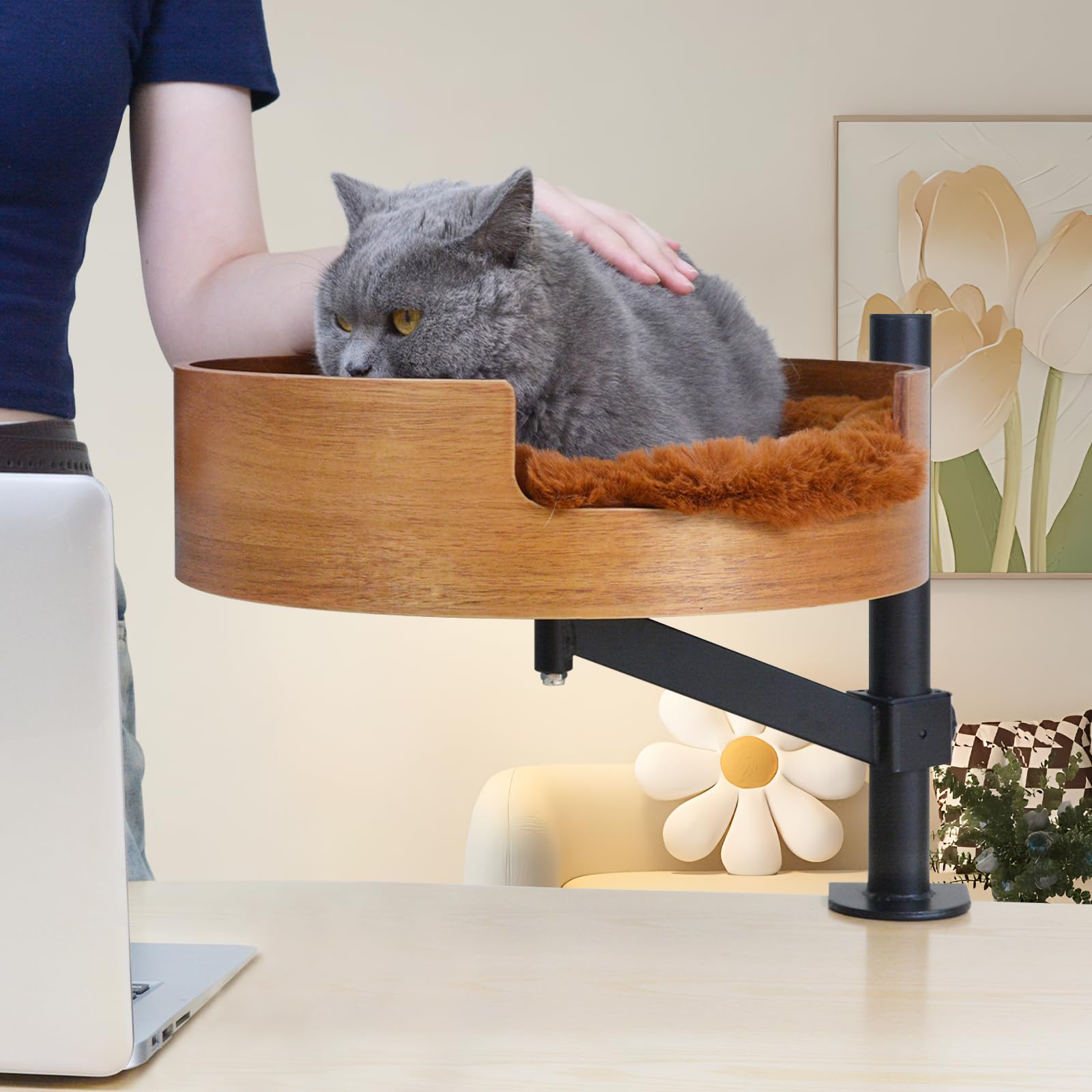 Zbuq Cat Bed Desk With Pet Mat, Cat Hammock For Desk, Cat Bed Desk With Wooden Bowl, 360 Rotation And Adjustable Height, Coffee