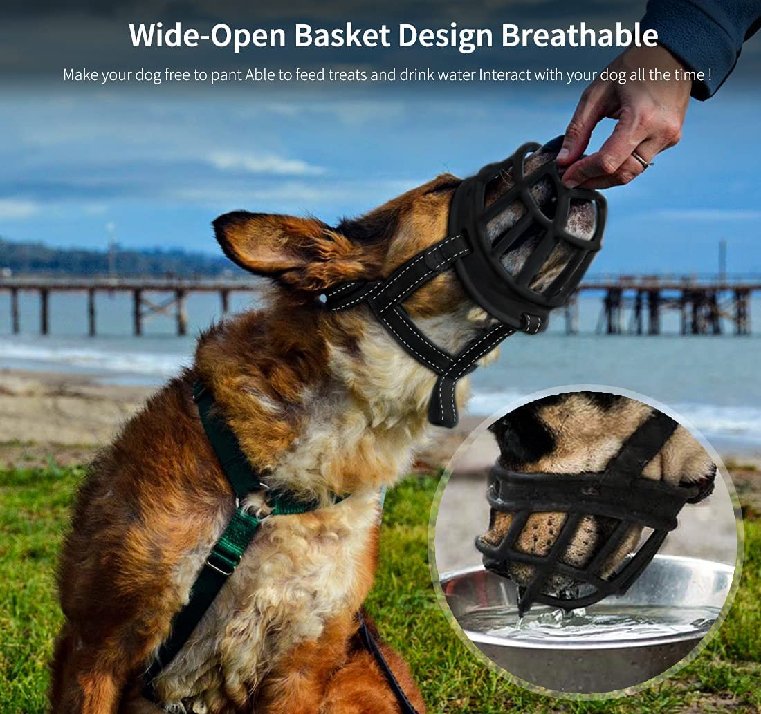 Dog Muzzle, Soft Silicone Basket Muzzle For Dogs, Allows Panting And Drinking, Prevents Unwanted Barking Biting And Chewing, Included Collar And Training Guide