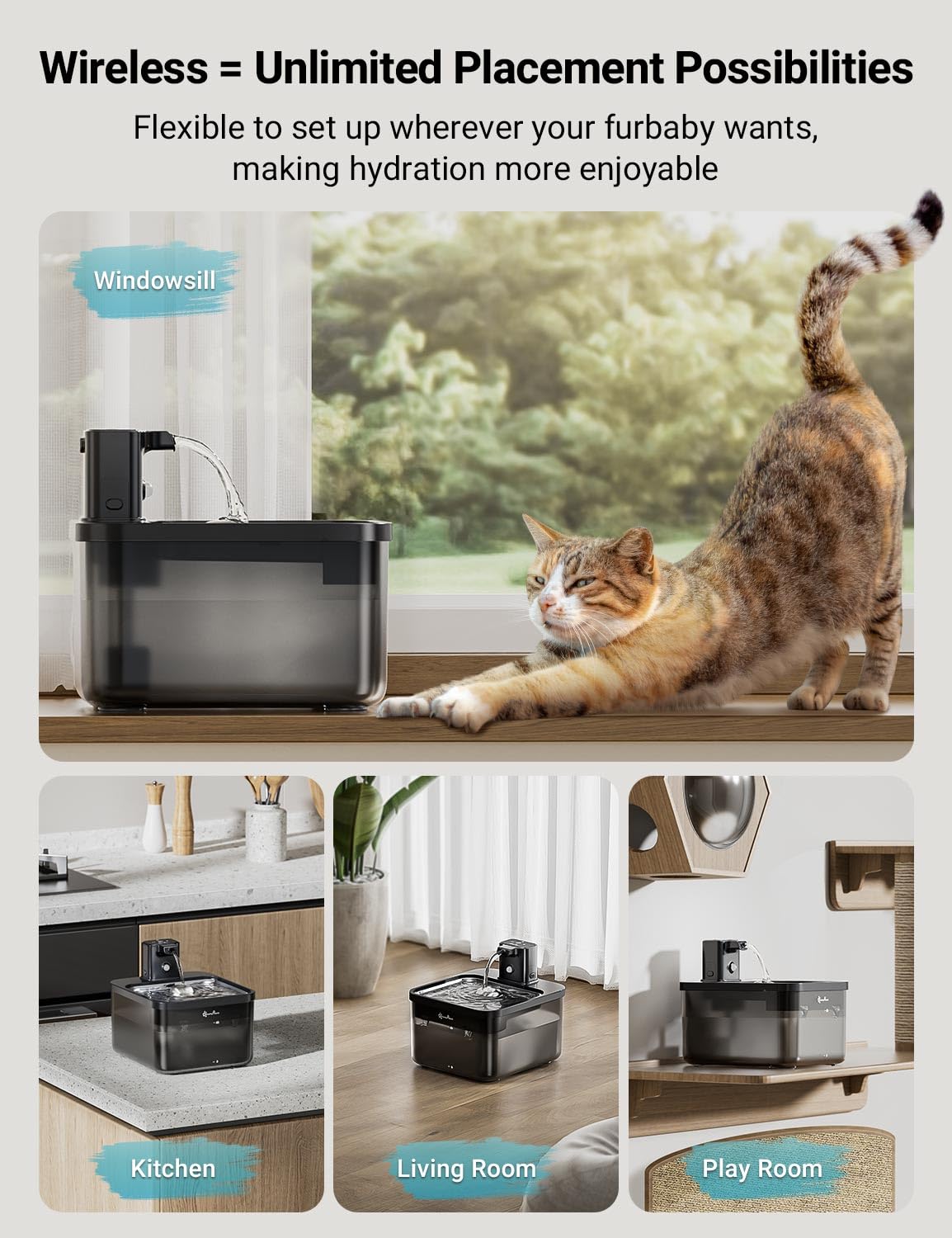 Downypaws Battery Operated Cat Water Fountain Stainless Steel, 84Oz/2.5L Fursink Wireless Pet Water Fountain For Cats Inside, Automatic Cat Waterer Fountain With Faucet, Quiet Pump, Bpa-Free, Black
