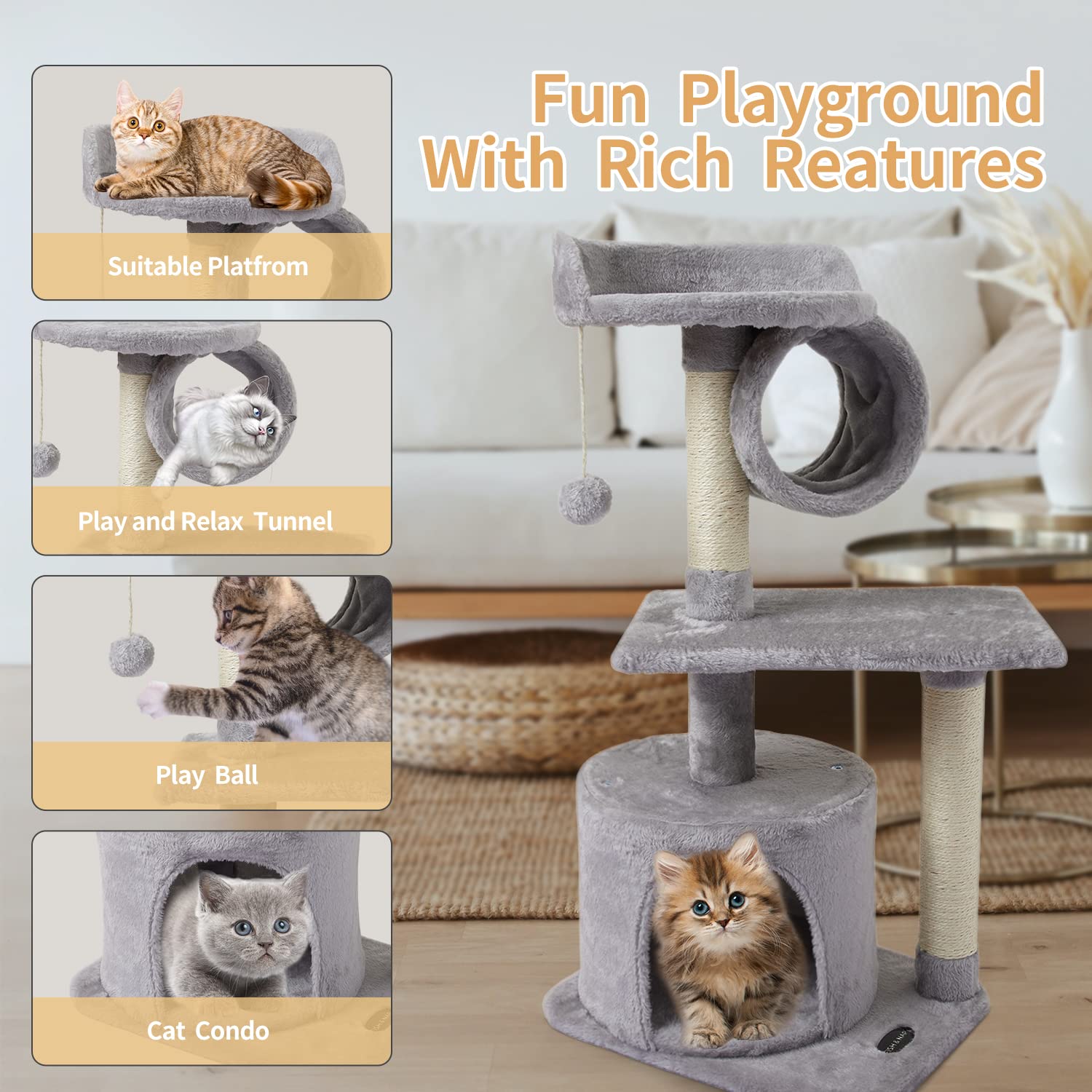 Fish&Nap Us01H Cute Cat Tree Kitten Cat Tower For Indoor Cat Condo Sisal Scratching Posts With Jump Platform Cat Furniture Activ