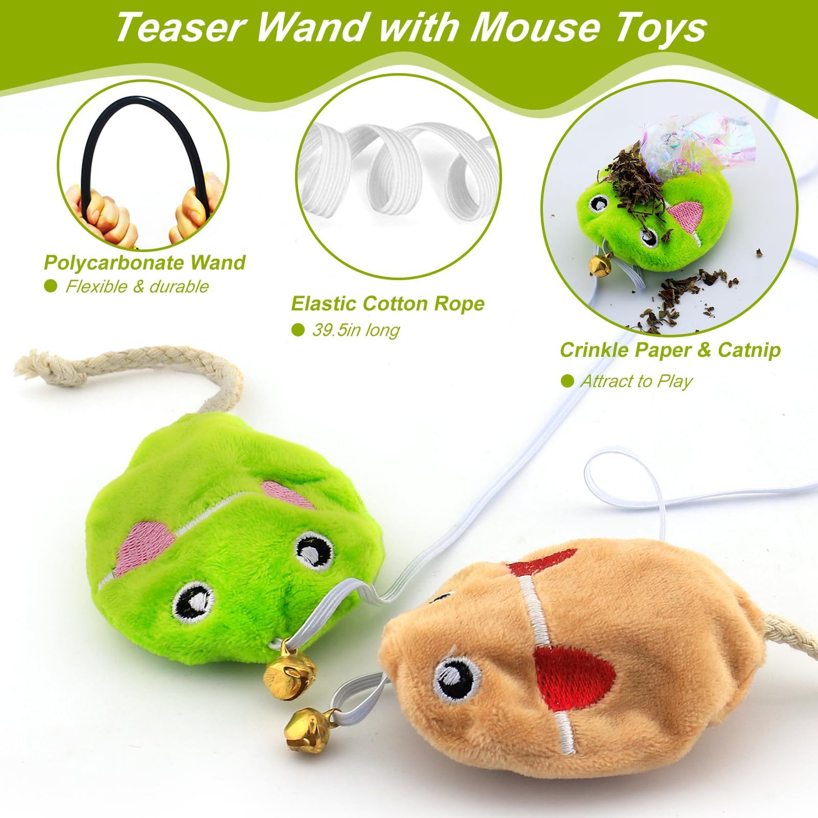 URMYONLY Interactive Cat Toy Wand with Catnip Mouse, Cat Teaser Wand Rainbow String for Bored Indoor Adult Cats and Kittens (8 P